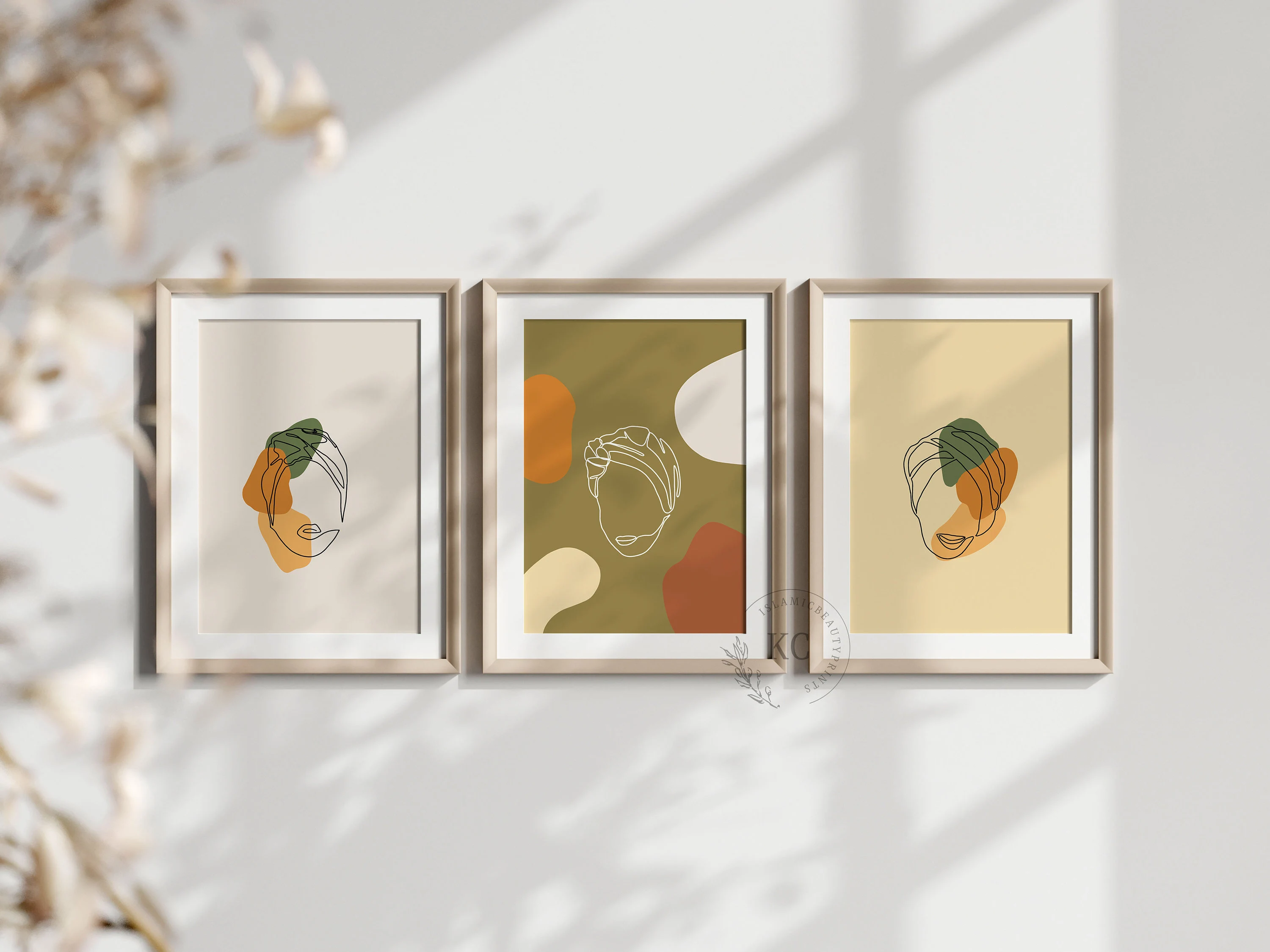 Islamic Digital Print – Hijabi Line Art Set of 3 | Boho Muslim Wall Art | beige, yellow & olive Tones | Hijab Artwork | Instant Download - image 5