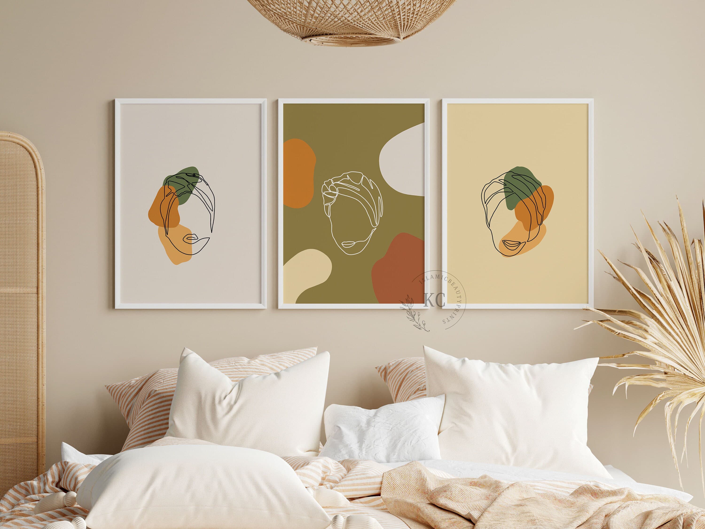 Islamic Digital Print – Hijabi Line Art Set of 3 | Boho Muslim Wall Art | beige, yellow & olive Tones | Hijab Artwork | Instant Download - image 3