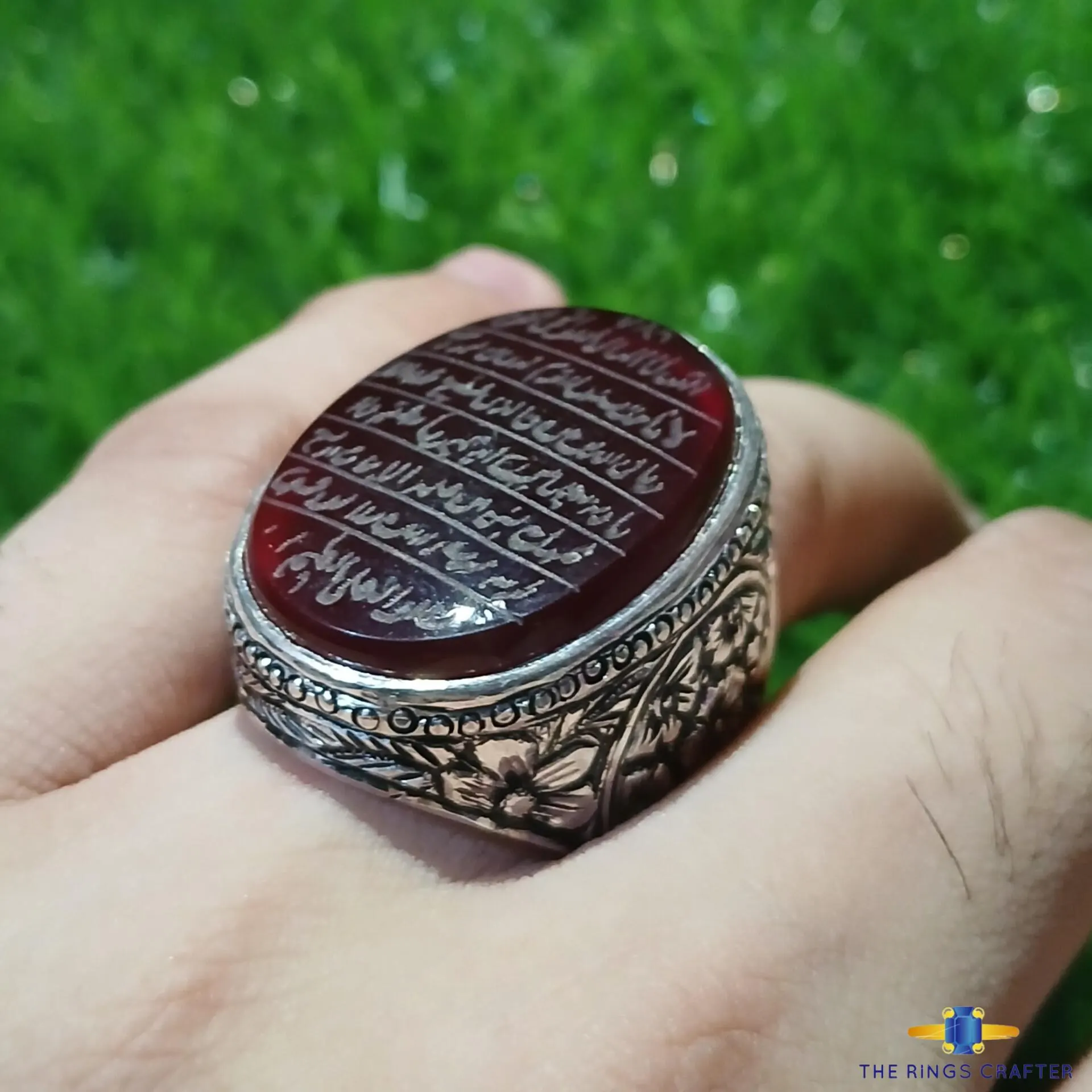 Ayat ul Kursi Ring Engraved on Red Yemeni Agate Stone Red Akik 925 Sterling Silver Handmade Red Blood Yemeni Aqeeq Islamic Calligraphy Ring - image 3