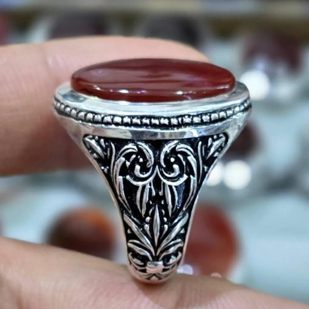 Natural Carnelian Aqeeq Ring Yemeni Blood Agate 925 Silver Handmade Engraved Shifa Al Abad Healing Stone Ring Islamic Jewelry Gift - image 3
