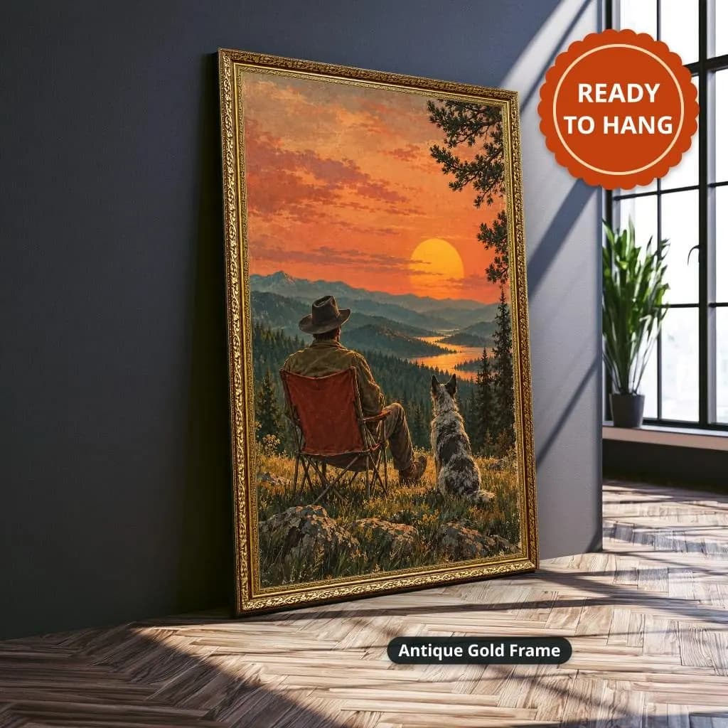 Seated cowboy and dog overlook forested mountains and a lake beneath an orange sunset in vintage Western style. Shown as a stretched canvas print displayed on a wall, view 3.