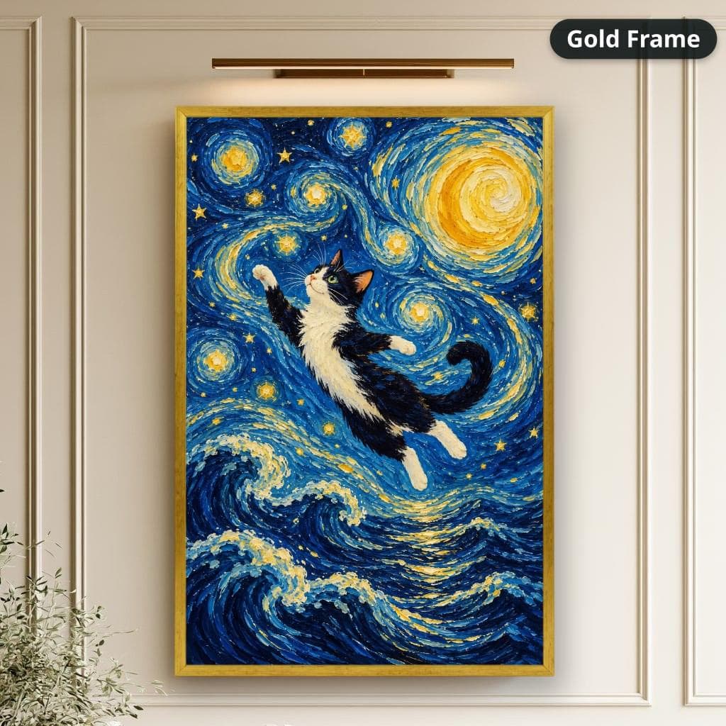 Black-and-white cat reaching through swirling blue waves and golden stars in a dreamy impressionist style. Shown as a stretched canvas print displayed on a wall, view 2.