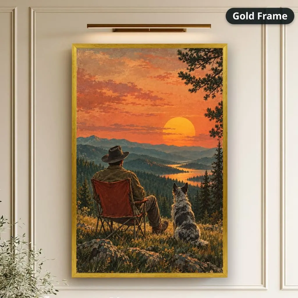 Seated cowboy and dog overlook forested mountains and a lake beneath an orange sunset in vintage Western style. Shown as a stretched canvas print displayed on a wall, view 2.