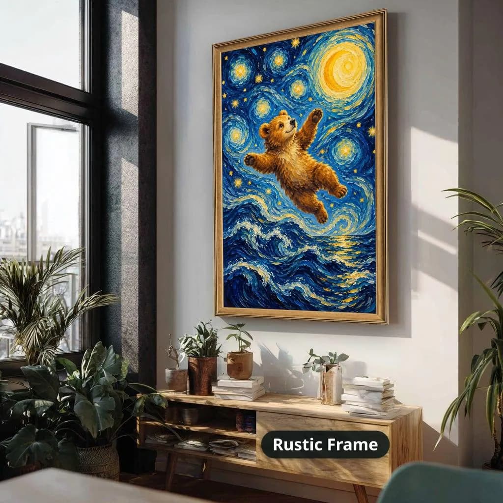 Brown bear reaches through swirling blue starry skies above ocean waves in a whimsical impressionist style. Shown as a stretched canvas print displayed on a wall, view 4.