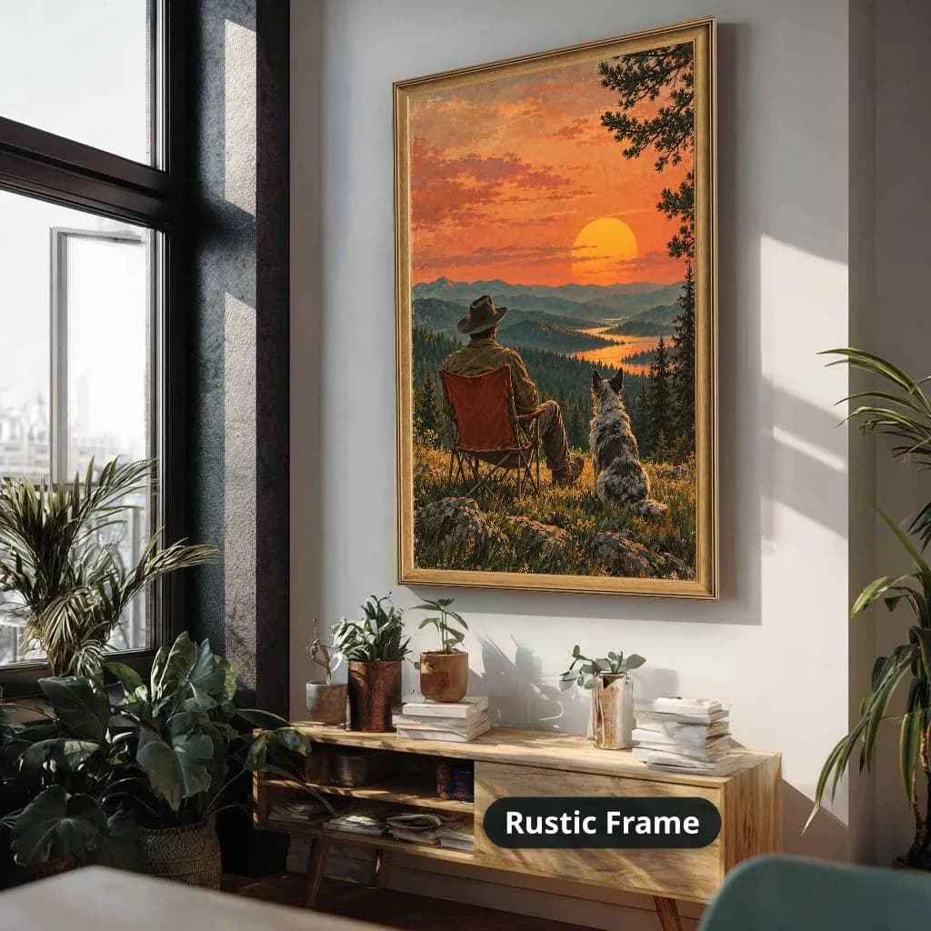 Seated cowboy and dog overlook forested mountains and a lake beneath an orange sunset in vintage Western style. Shown as a stretched canvas print displayed on a wall, view 4.