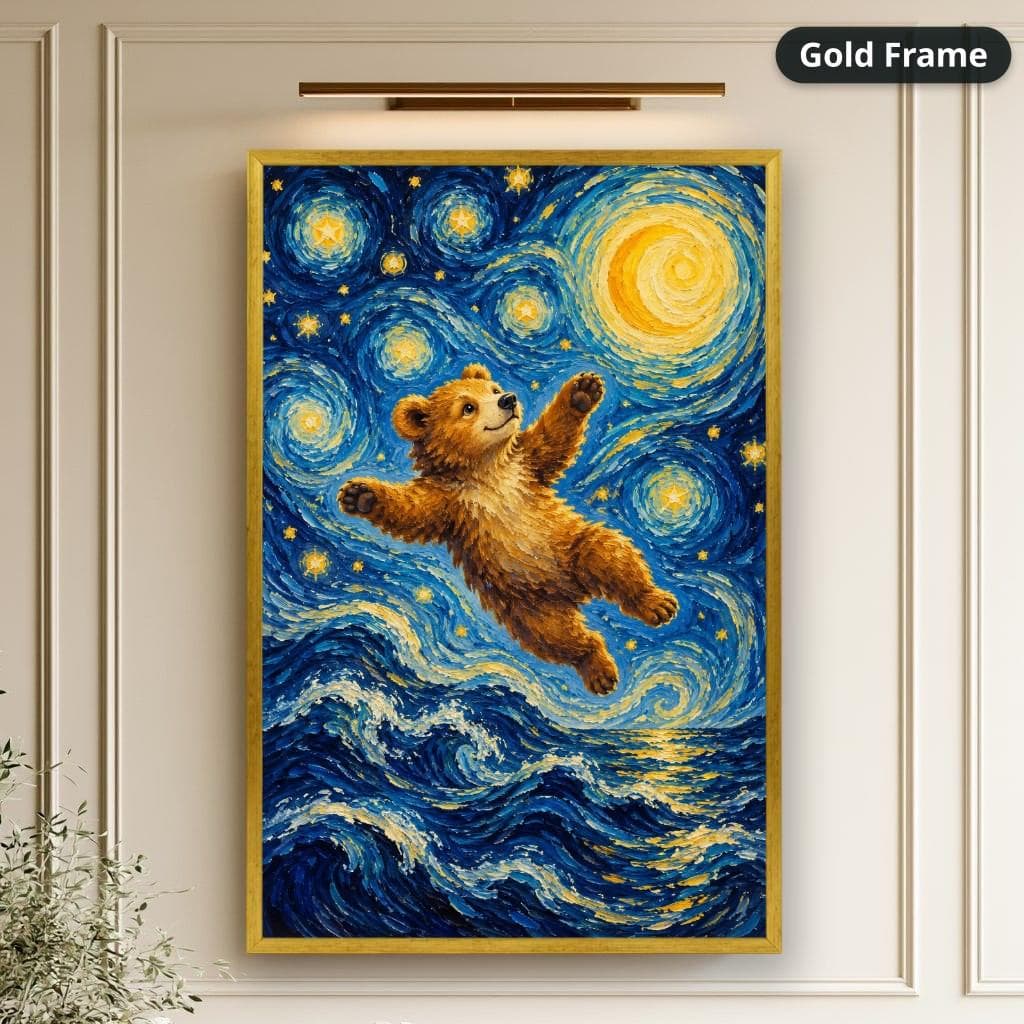 Brown bear reaches through swirling blue starry skies above ocean waves in a whimsical impressionist style. Shown as a stretched canvas print displayed on a wall, view 2.