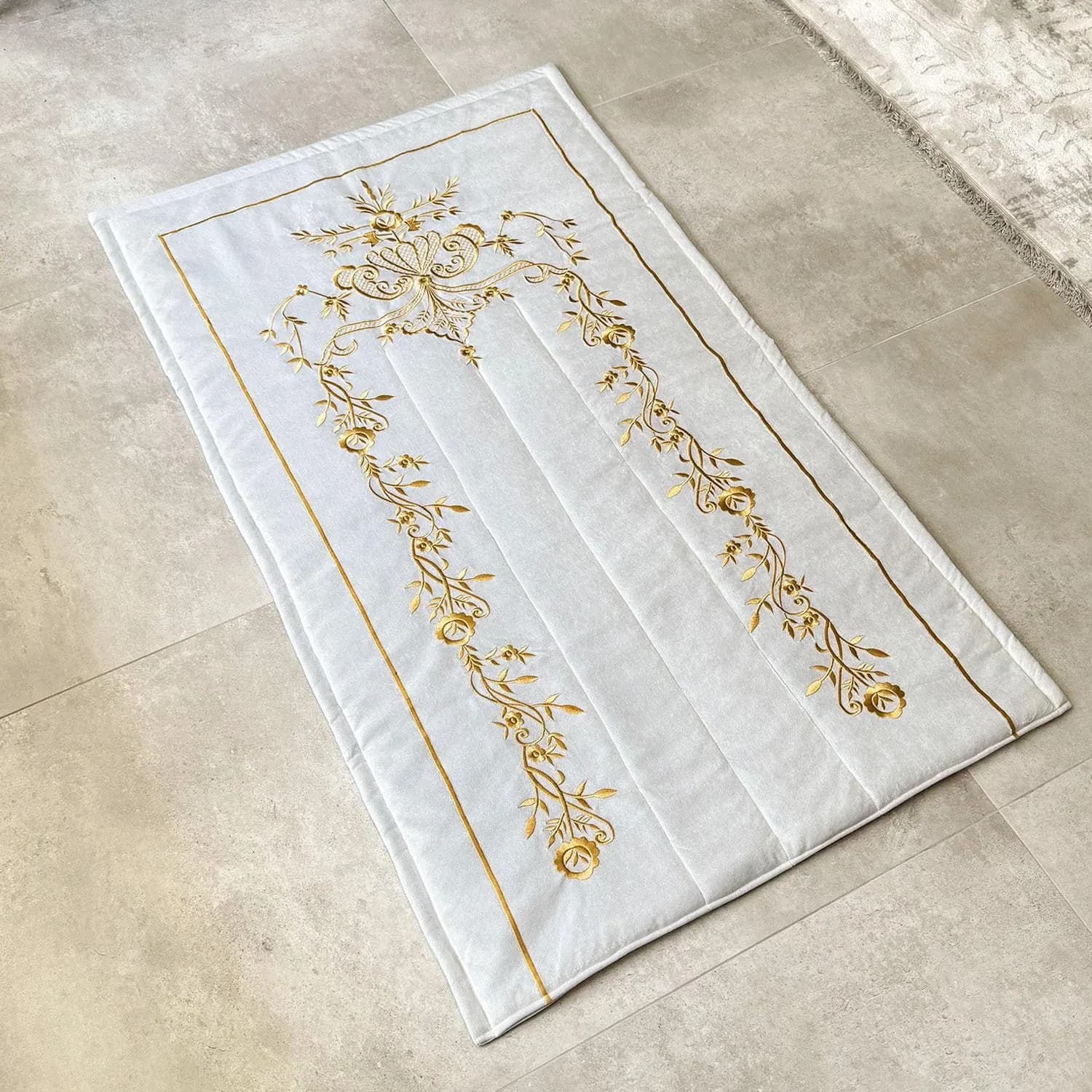 Cream Velvet Islamic Prayer Rug with Gold Embroidery, Muslim Prayer Mat, Islamic Home Decor, Soft Velvet Janamaz, Eid & Ramadan Gift,Sejadah - image 4