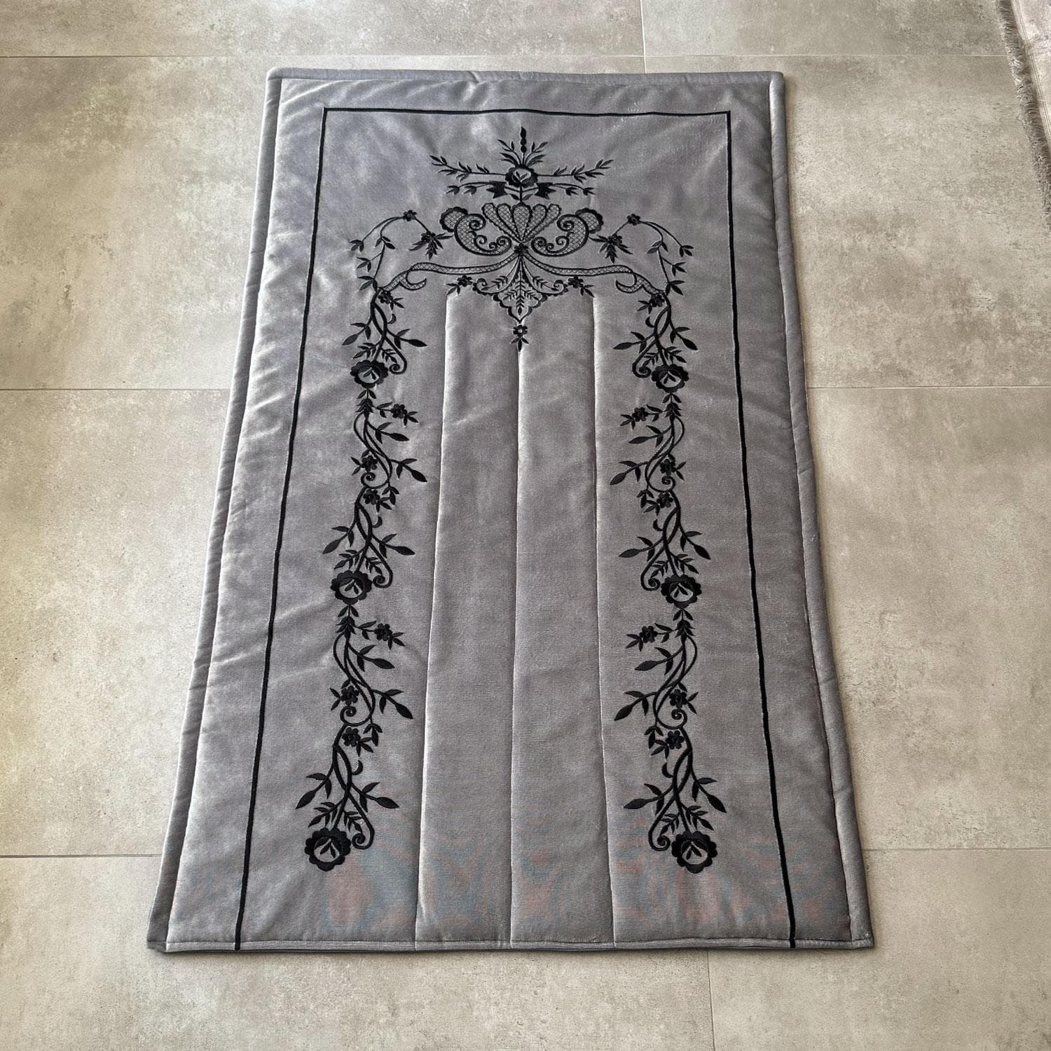 Gray Velvet Islamic Prayer Rug with Black Embroidery, Muslim Prayer Mat, Islamic Home Decor, Soft Velvet Janamaz, Eid & Ramadan Gift,Sejadah - image 3