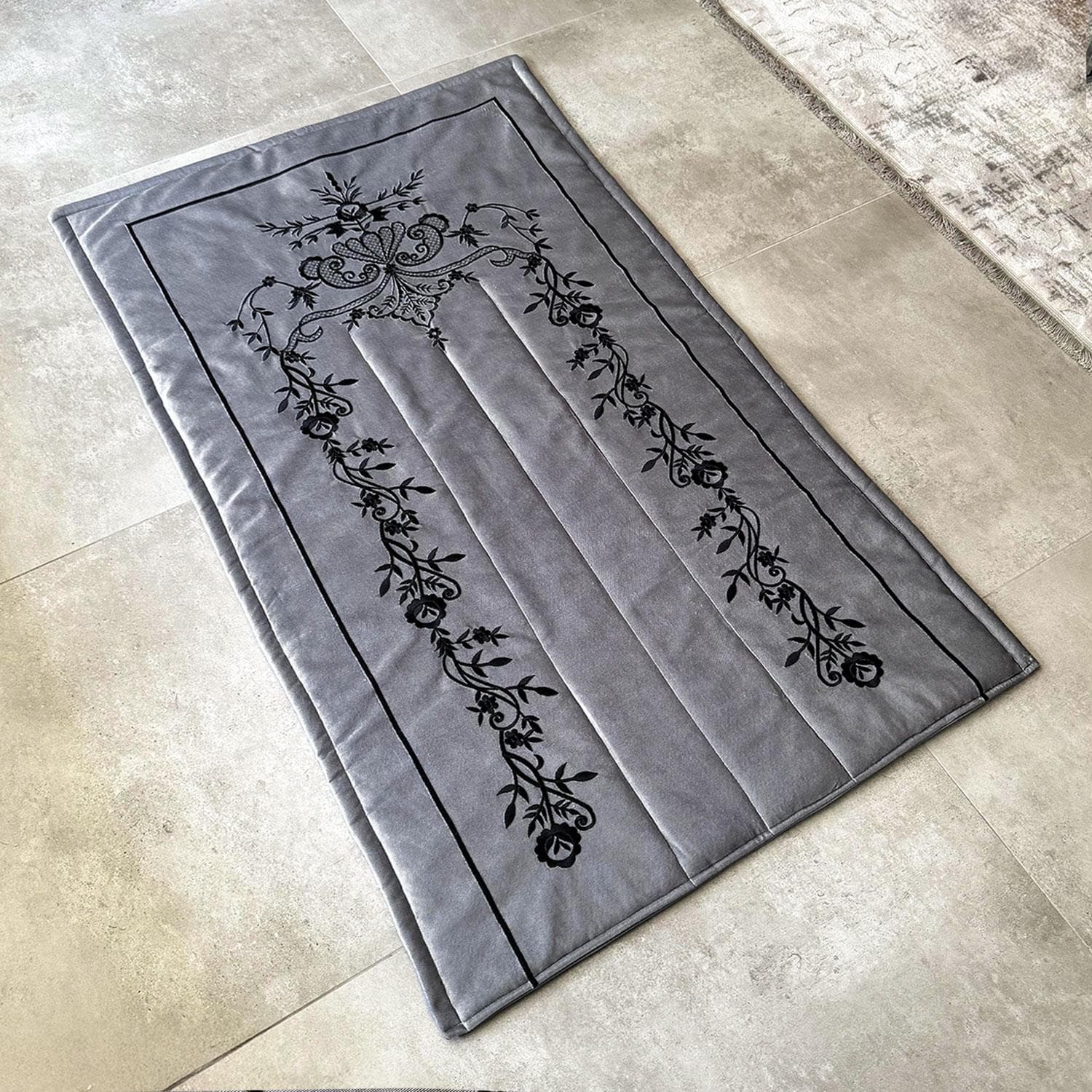 Gray Velvet Islamic Prayer Rug with Black Embroidery, Muslim Prayer Mat, Islamic Home Decor, Soft Velvet Janamaz, Eid & Ramadan Gift,Sejadah - image 4