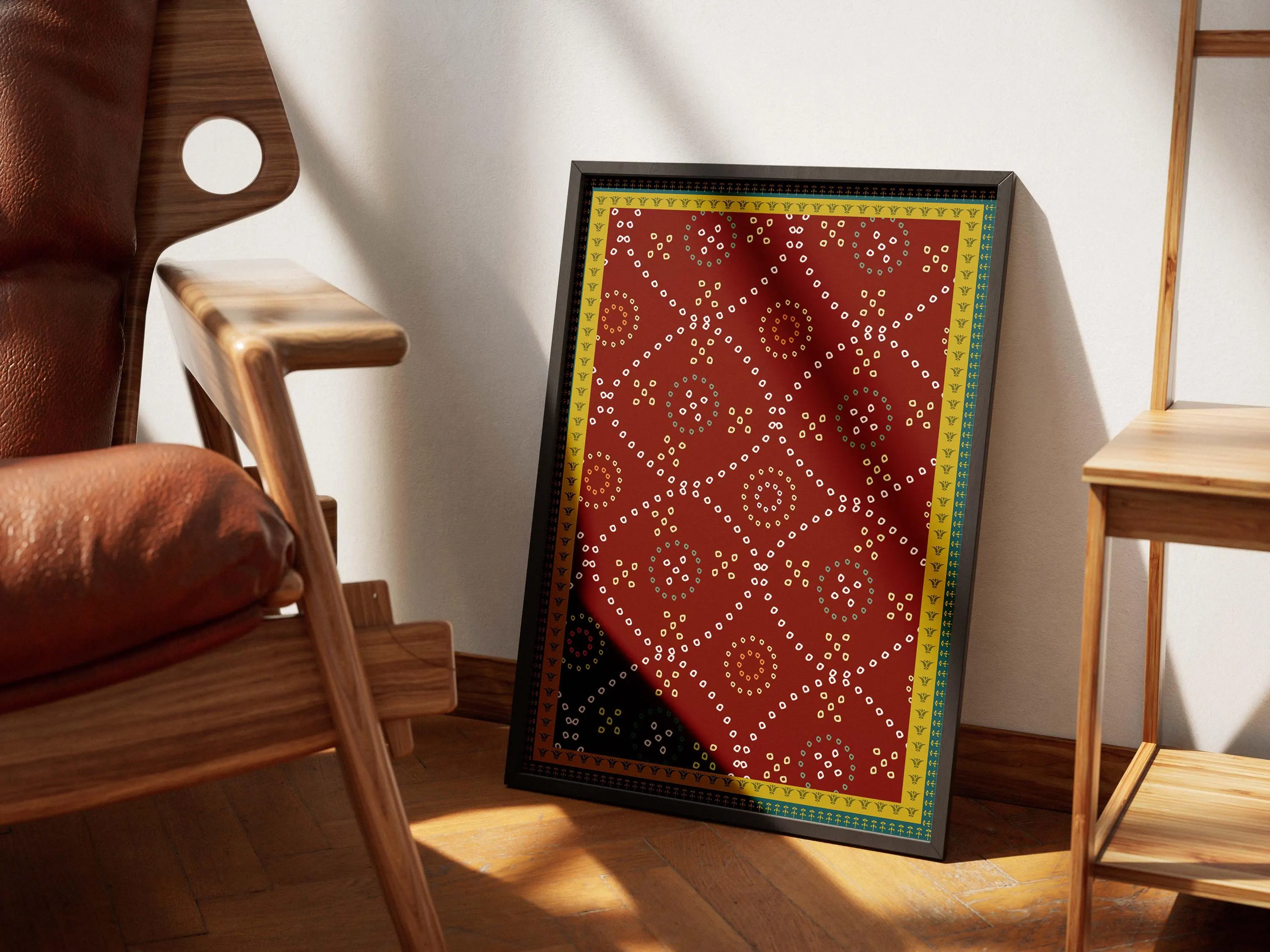 Bandhani Indian Wall Art: Maroon, Teal, and Mustard Print (Digital Download) - image 3