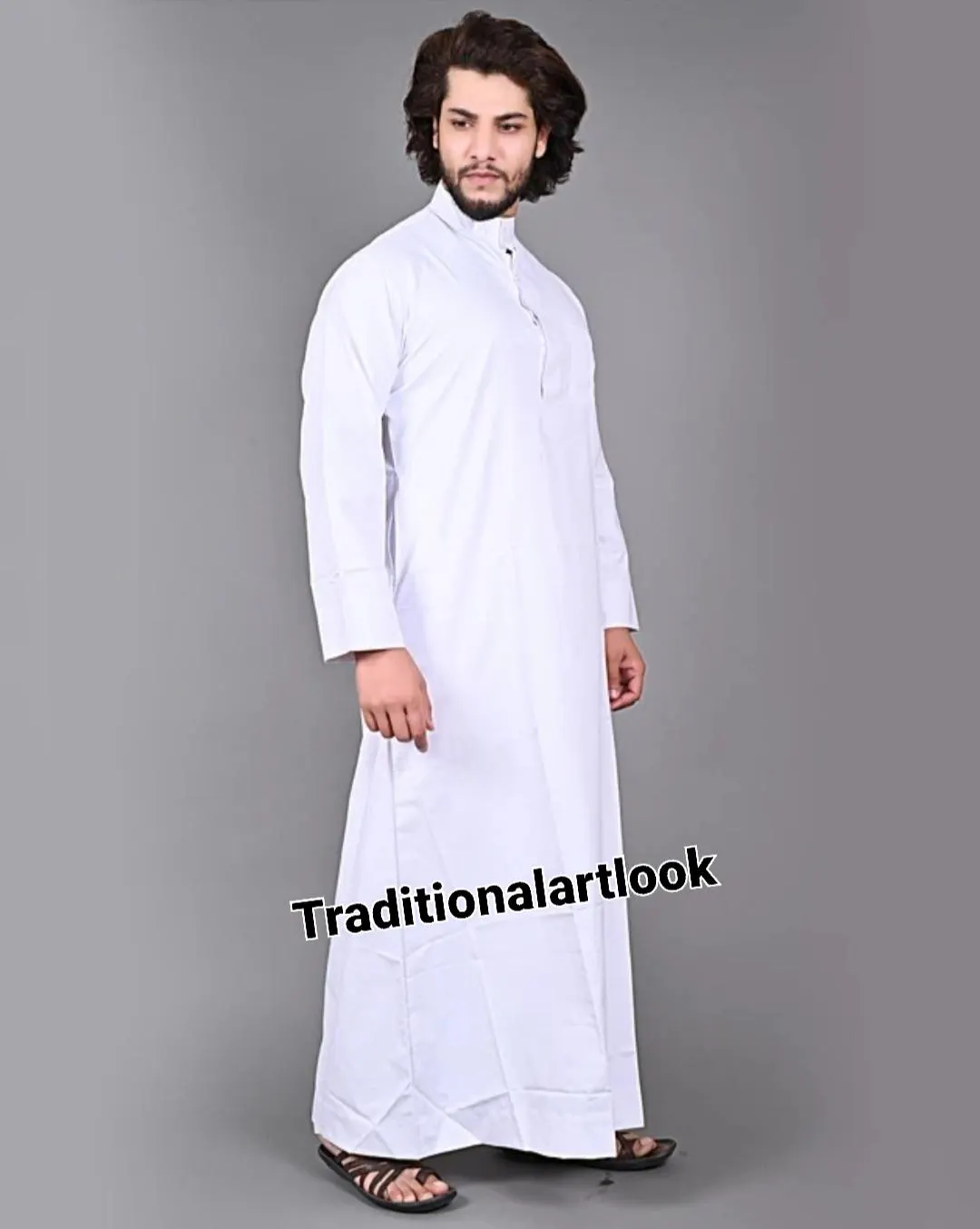 Man White color Cotton Jubba Thobe: Saudi Arabian Style Robe, - image 3