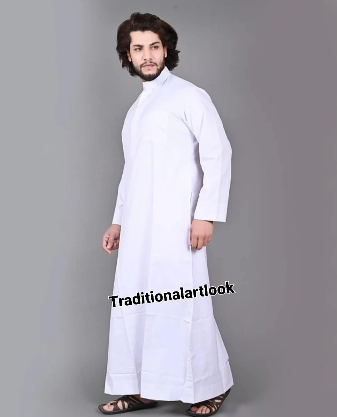 Man White color Cotton Jubba Thobe: Saudi Arabian Style Robe, - image 4