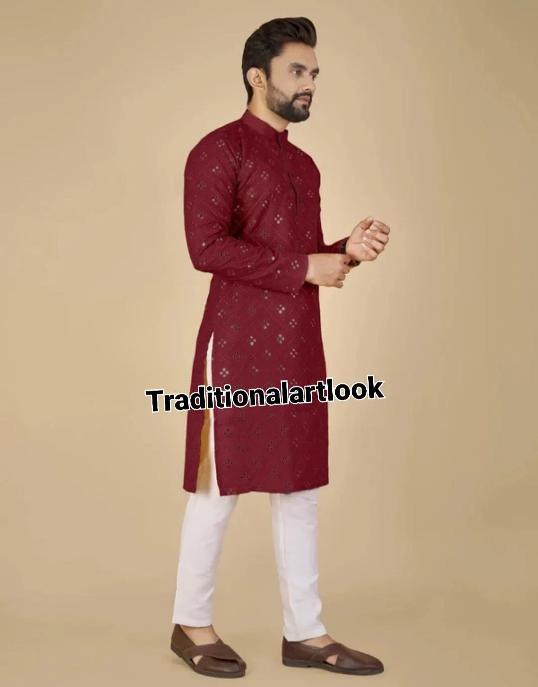 Mirror work kurta pajama set, Marron color Georgette Indian Wedding Outfits, - image 3