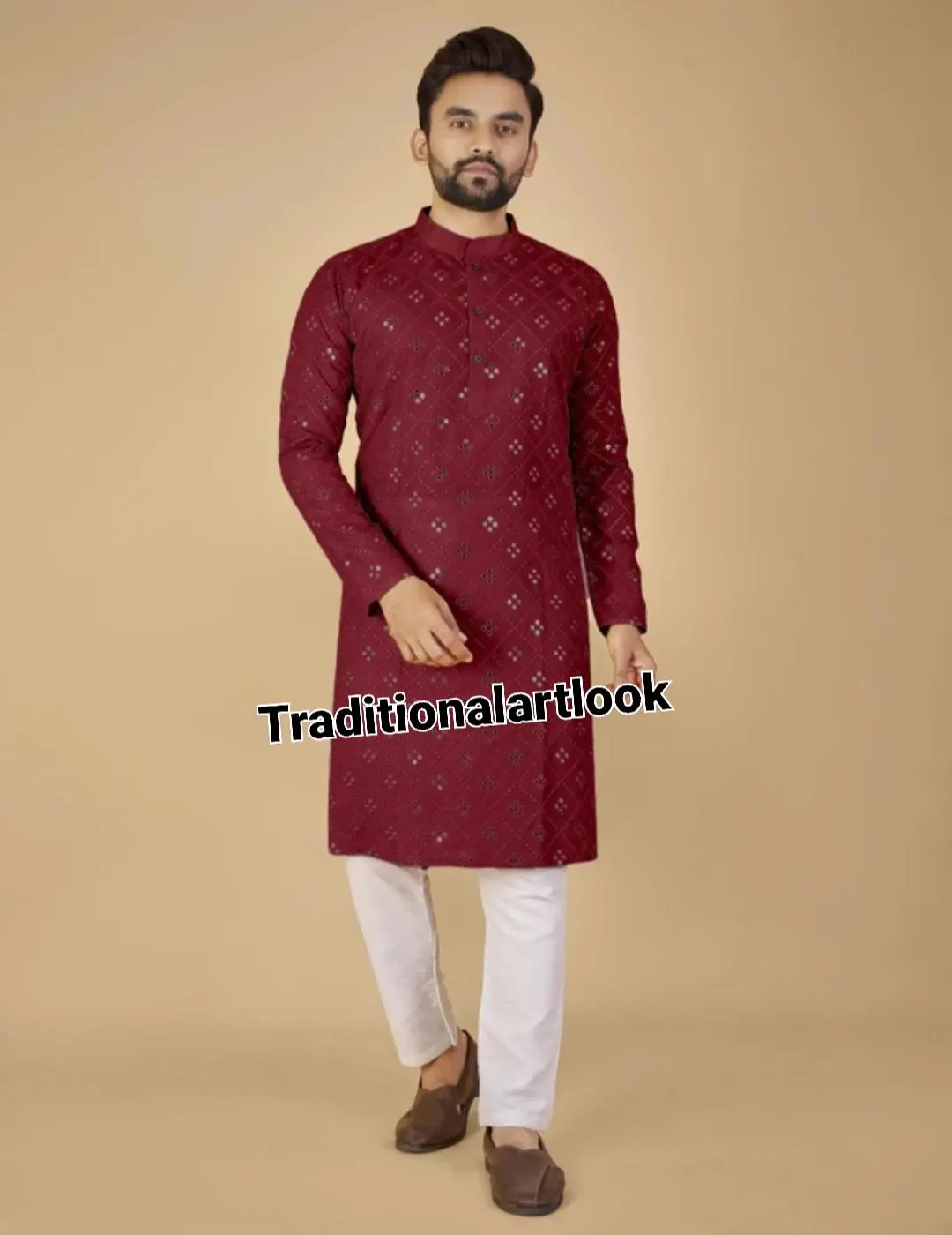 Mirror work kurta pajama set, Marron color Georgette Indian Wedding Outfits,