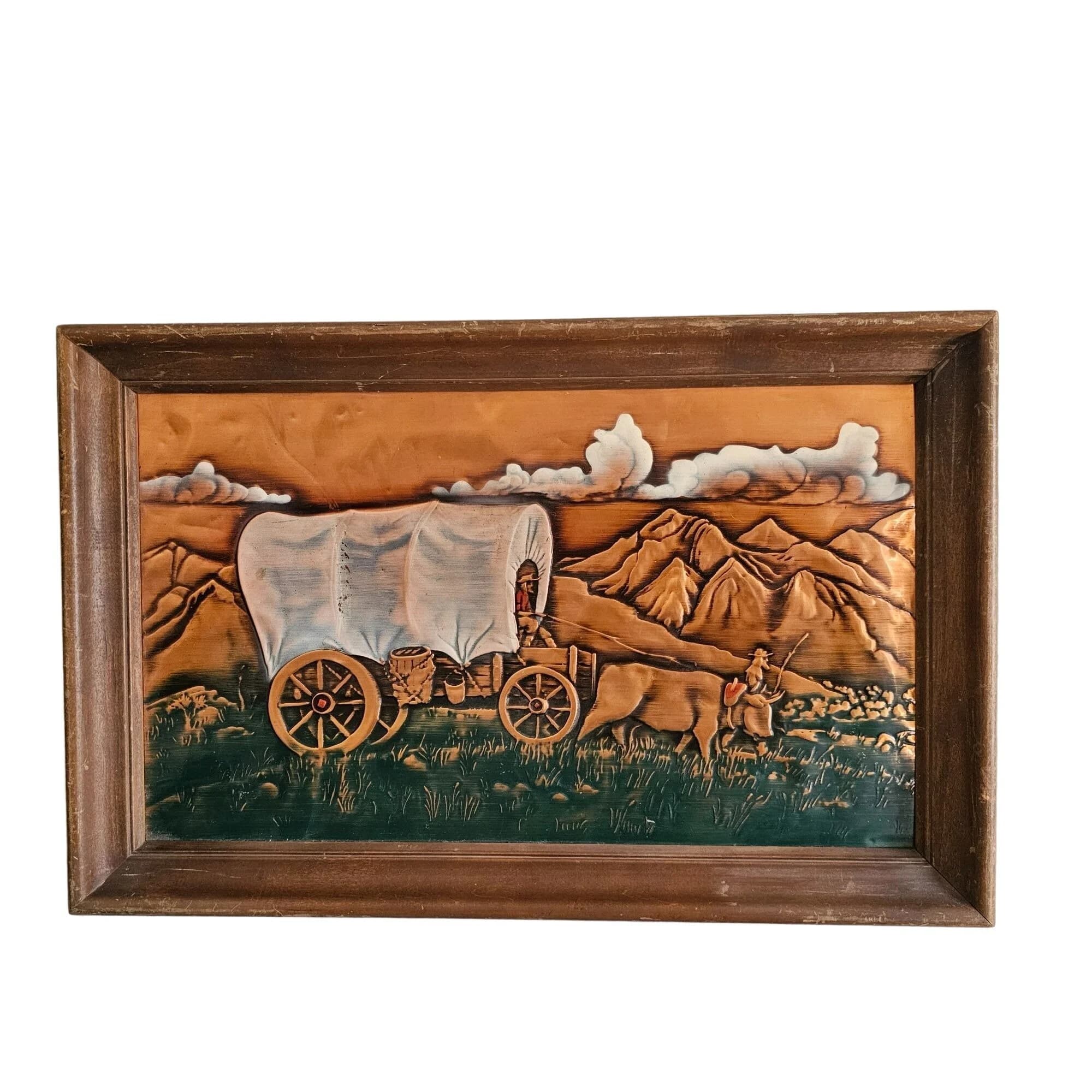 Vintage Covered Wagon Wall Art Copper Relief Ox Mountains Western - image 3