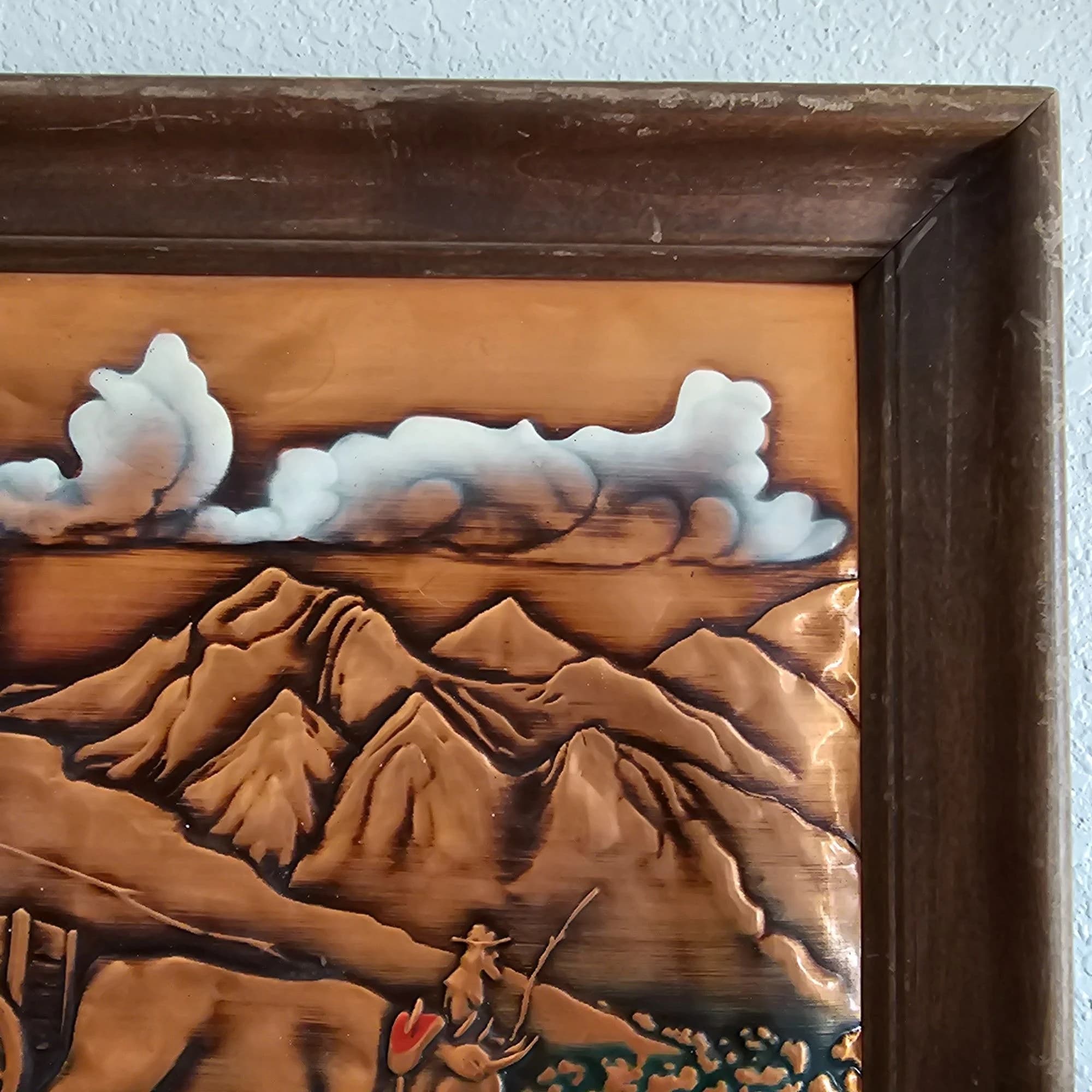 Vintage Covered Wagon Wall Art Copper Relief Ox Mountains Western - image 5