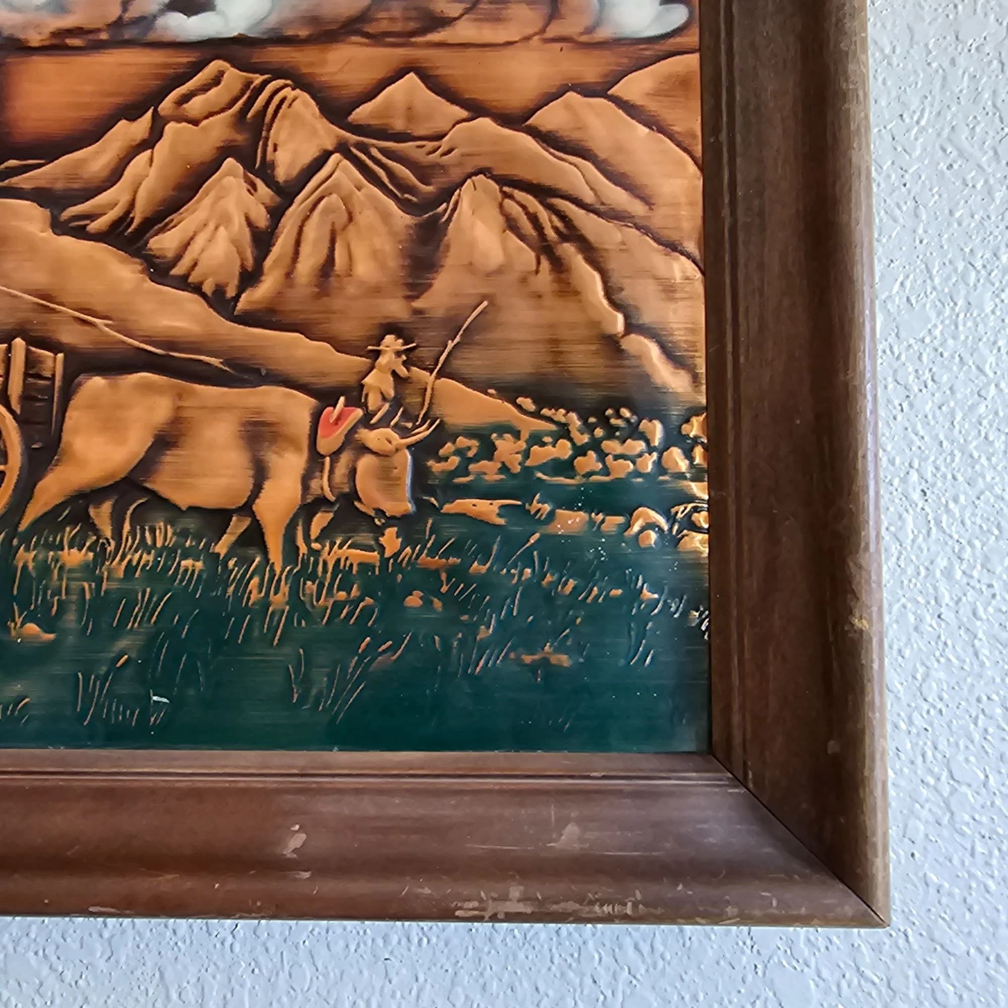 Vintage Covered Wagon Wall Art Copper Relief Ox Mountains Western - image 4