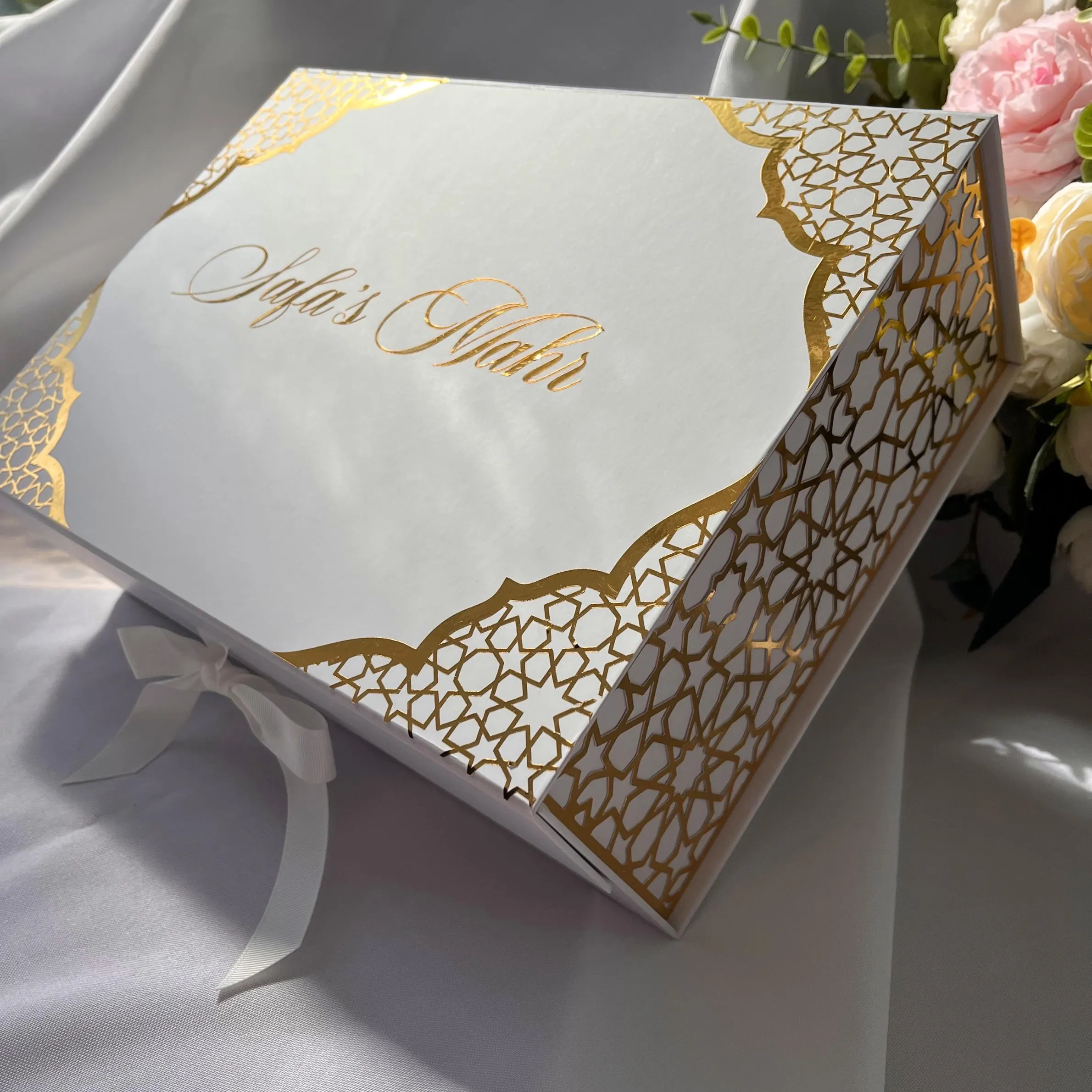 Mahr Box Personalised with Names & Date - White + Gold Nikkah Keepsake - Islamic Wedding Gift - image 4