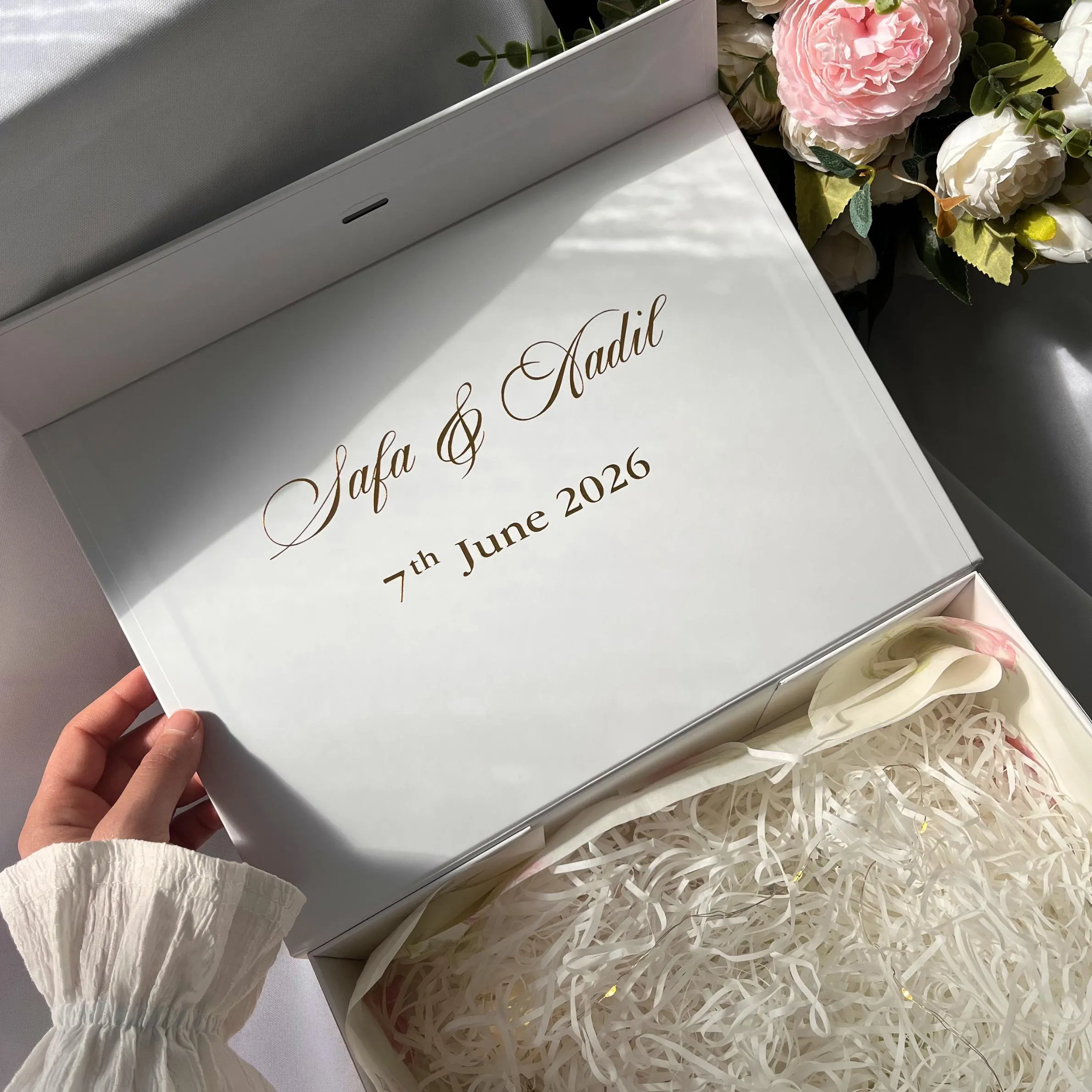 Mahr Box Personalised with Names & Date - White + Gold Nikkah Keepsake - Islamic Wedding Gift - image 3
