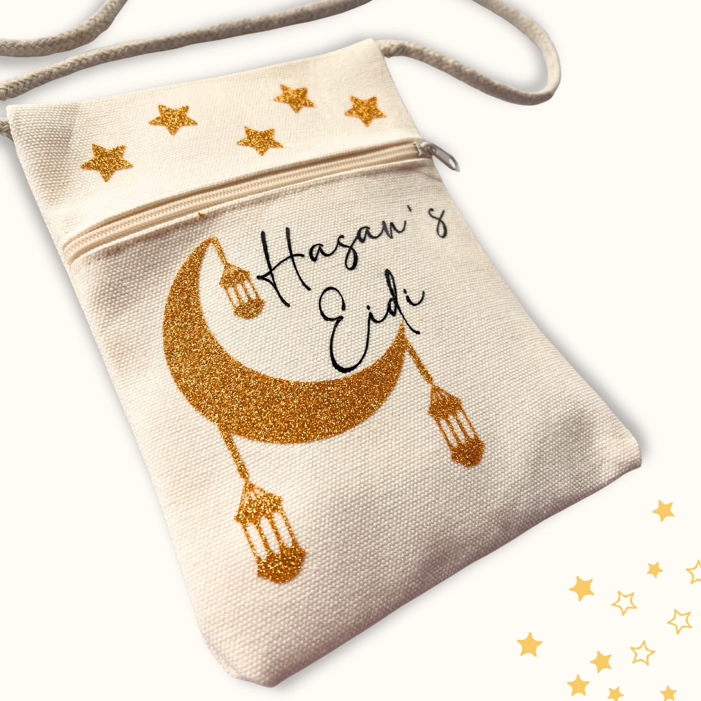 Kids Custom Eidi Bag – Gold Crescent Moon & Canvas Crossbody Bag with Zip - image 5