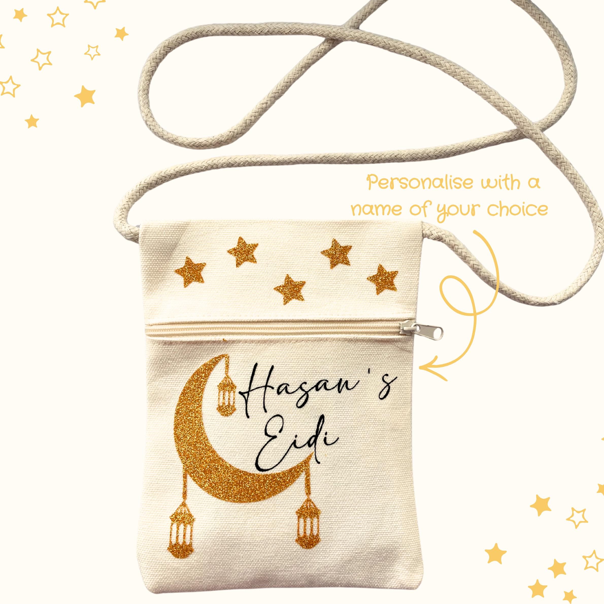Kids Custom Eidi Bag – Gold Crescent Moon & Canvas Crossbody Bag with Zip - image 3