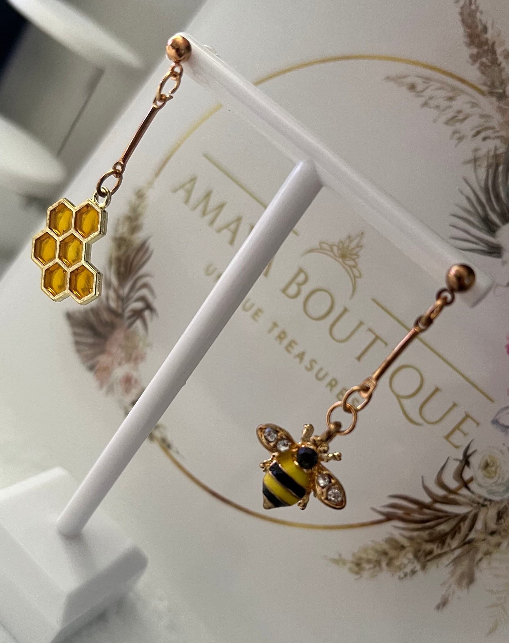 Bee & Honeycomb earrings | irregular earrings | Korean style | mismatch earrings | - image 3