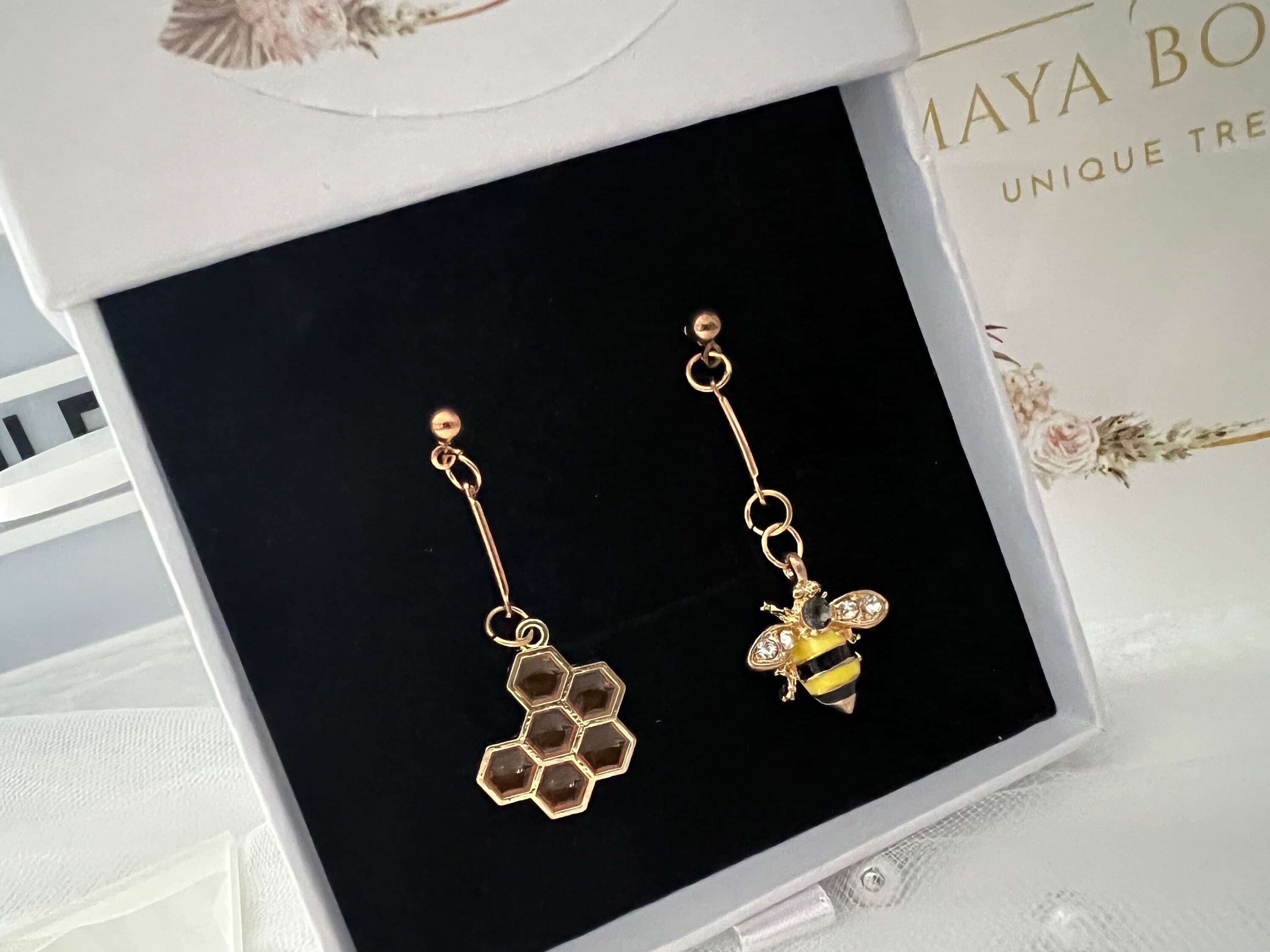 Bee & Honeycomb earrings | irregular earrings | Korean style | mismatch earrings | - image 4