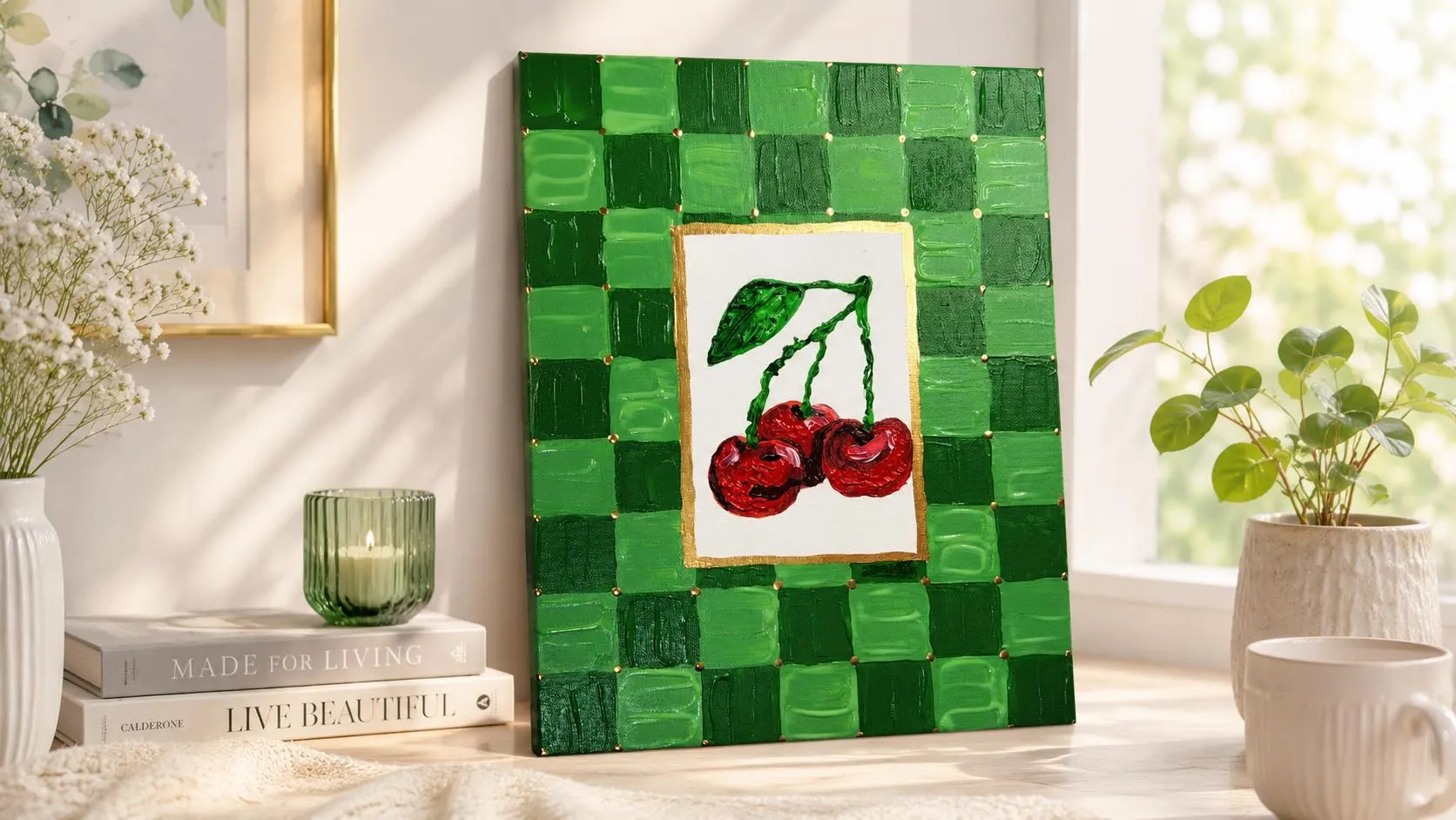 Hand-Painted Cherry Canvas Art, Green Gingham Frame, Impasto Fruit Painting (14x11) - image 2