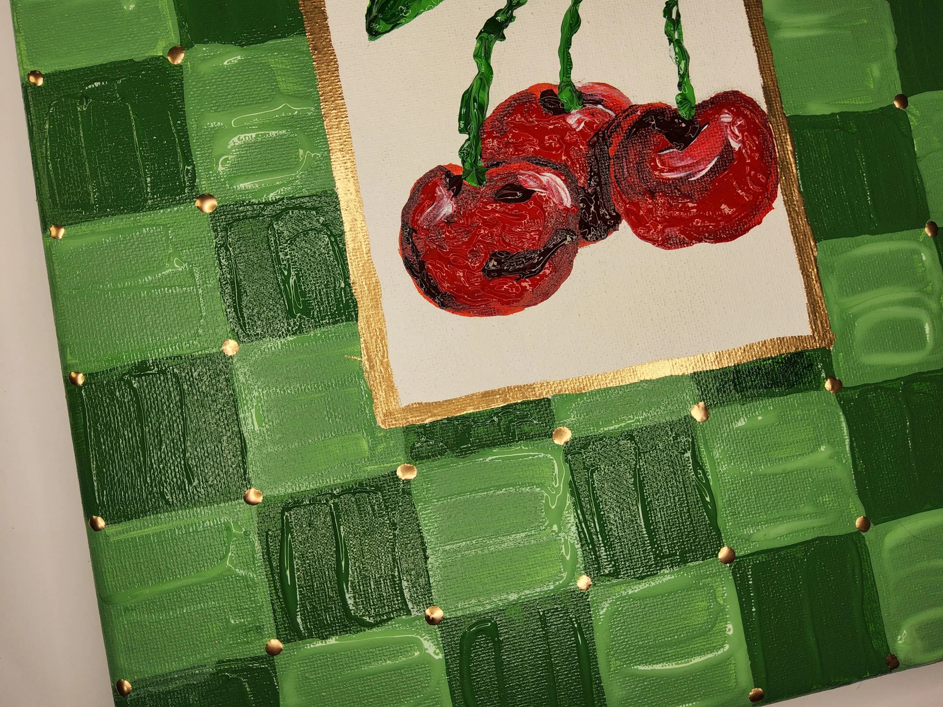 Hand-Painted Cherry Canvas Art, Green Gingham Frame, Impasto Fruit Painting (14x11) - image 4