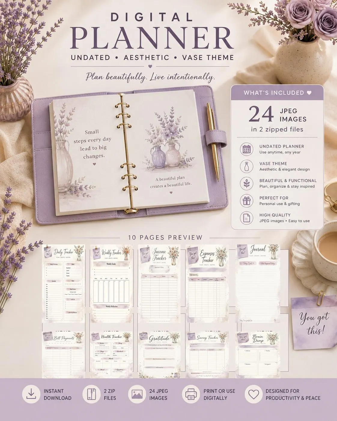 Undated Purple Vase Planner Printable | Journal & Goal Planner | JPEG Download - image 3