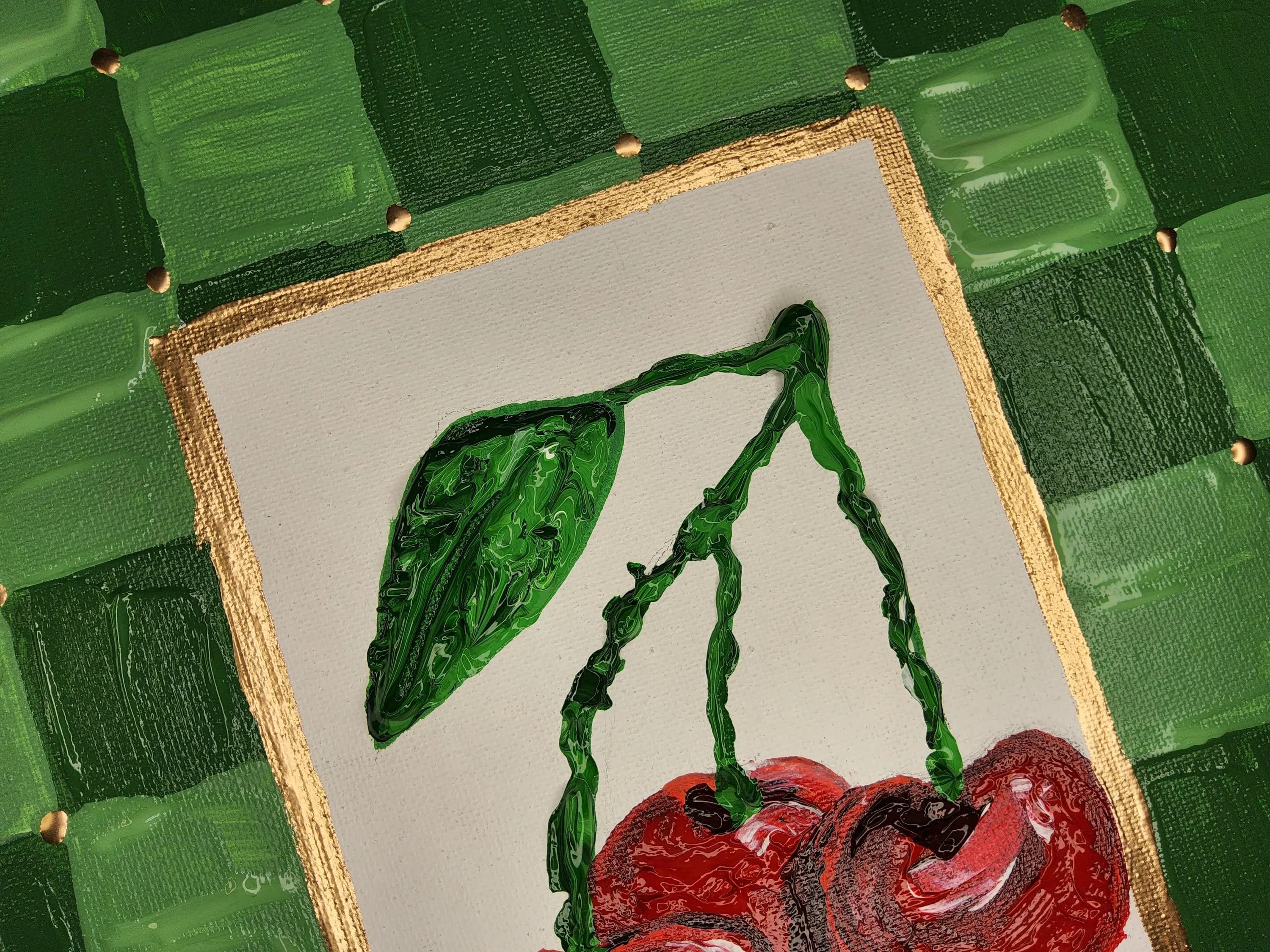 Hand-Painted Cherry Canvas Art, Green Gingham Frame, Impasto Fruit Painting (14x11) - image 3