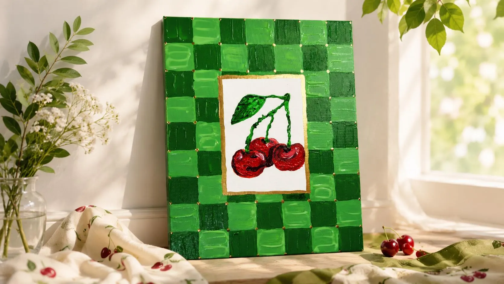 Hand-Painted Cherry Canvas Art, Green Gingham Frame, Impasto Fruit Painting (14x11)