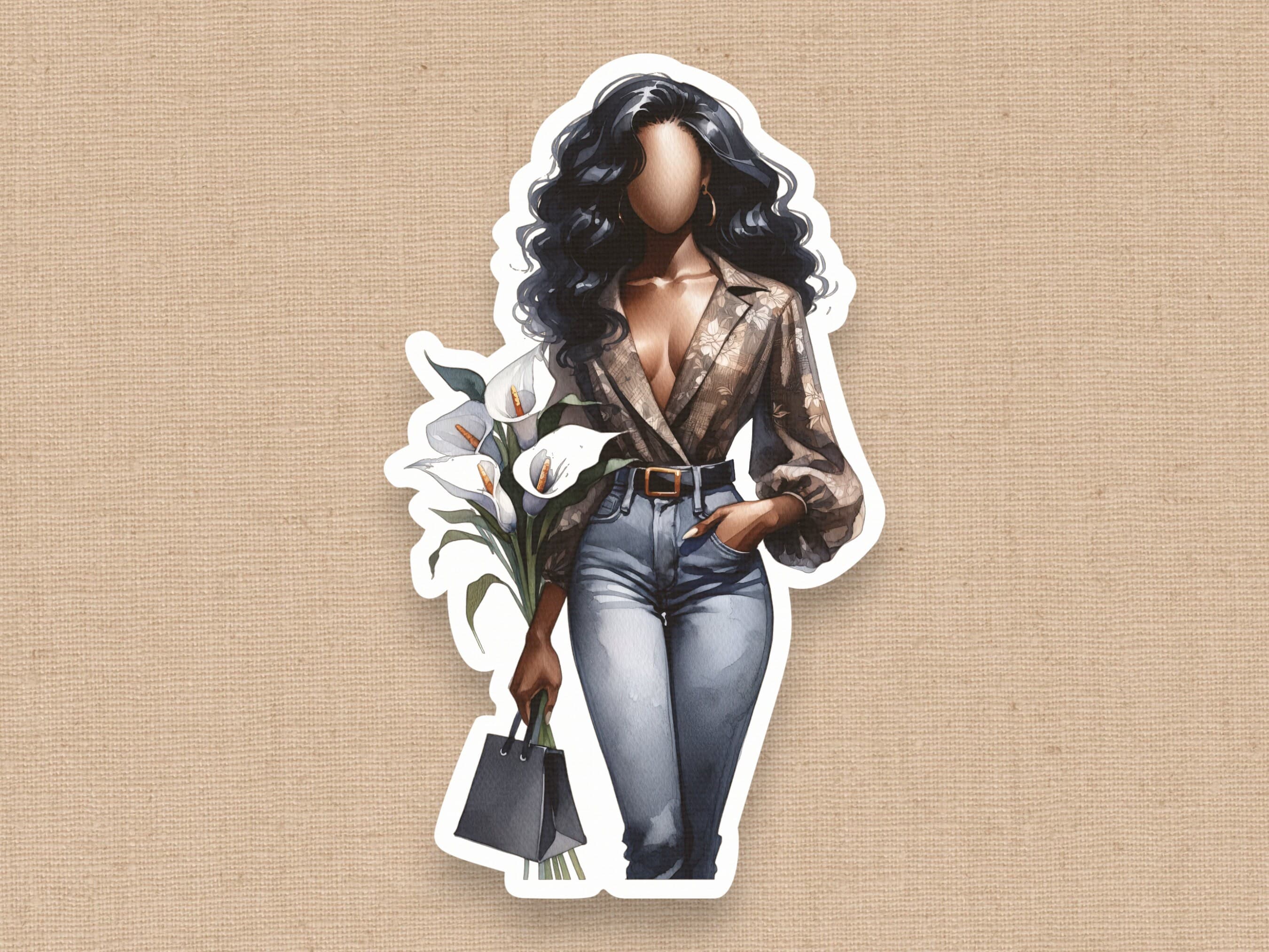 Black Woman with Flowers Sticker, Black Girl Sticker, Melanin Sticker, Calla Lilies, Kindle Sticker, Flower Lover, Faceless, Fashion Doll - image 4