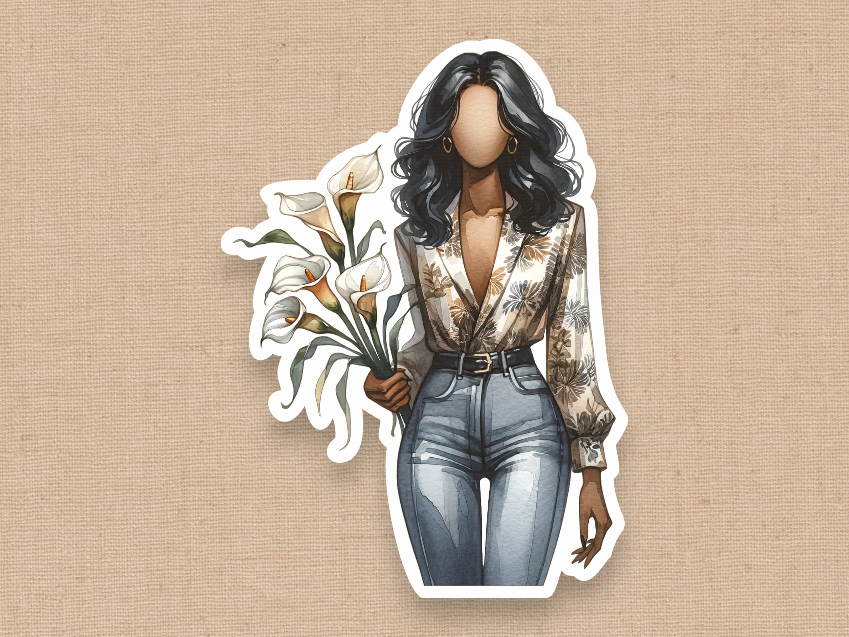 Black Woman with Flowers Sticker, Black Girl Watercolor Sticker, Melanin Sticker, Calla Lilies, Flower Lover, Faceless, Fashion Doll - image 3