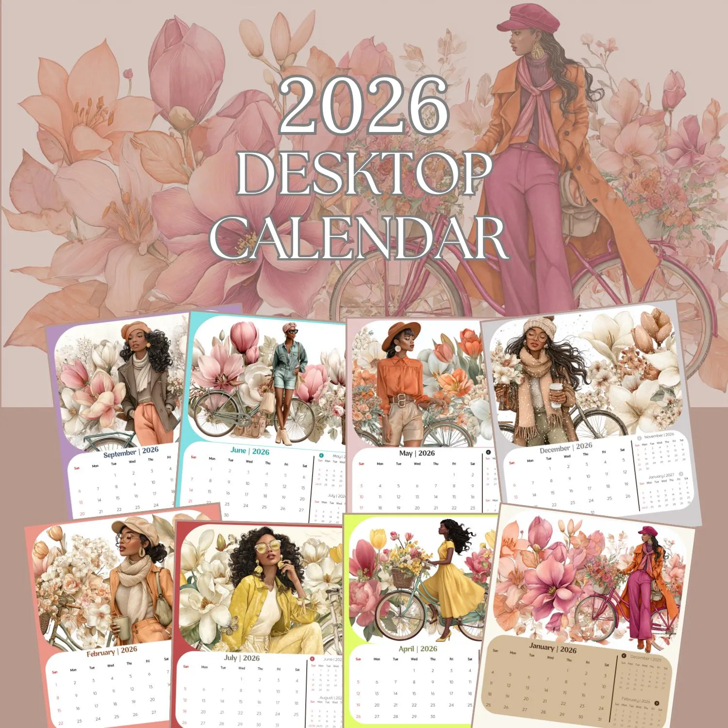 2027 Black Woman Floral Mini Desktop Calendar, 12 Individual Monthly Cards, Black Girl Calendar, Book Lover, Office Decor, Reading Nook - image 2