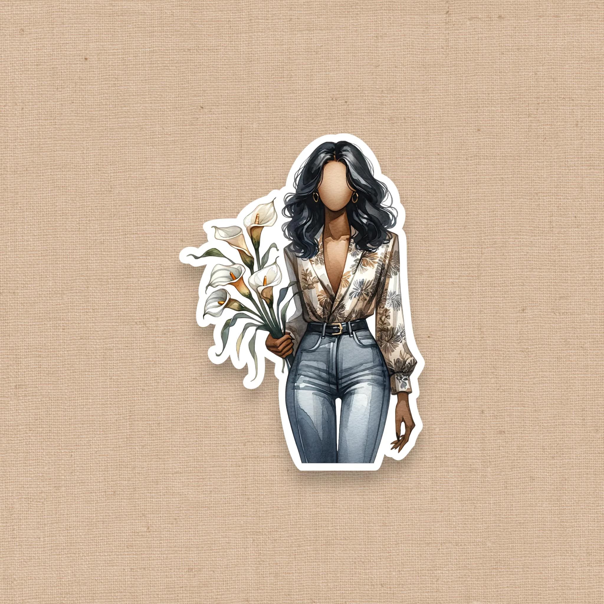 Black Woman with Flowers Sticker, Black Girl Watercolor Sticker, Melanin Sticker, Calla Lilies, Flower Lover, Faceless, Fashion Doll