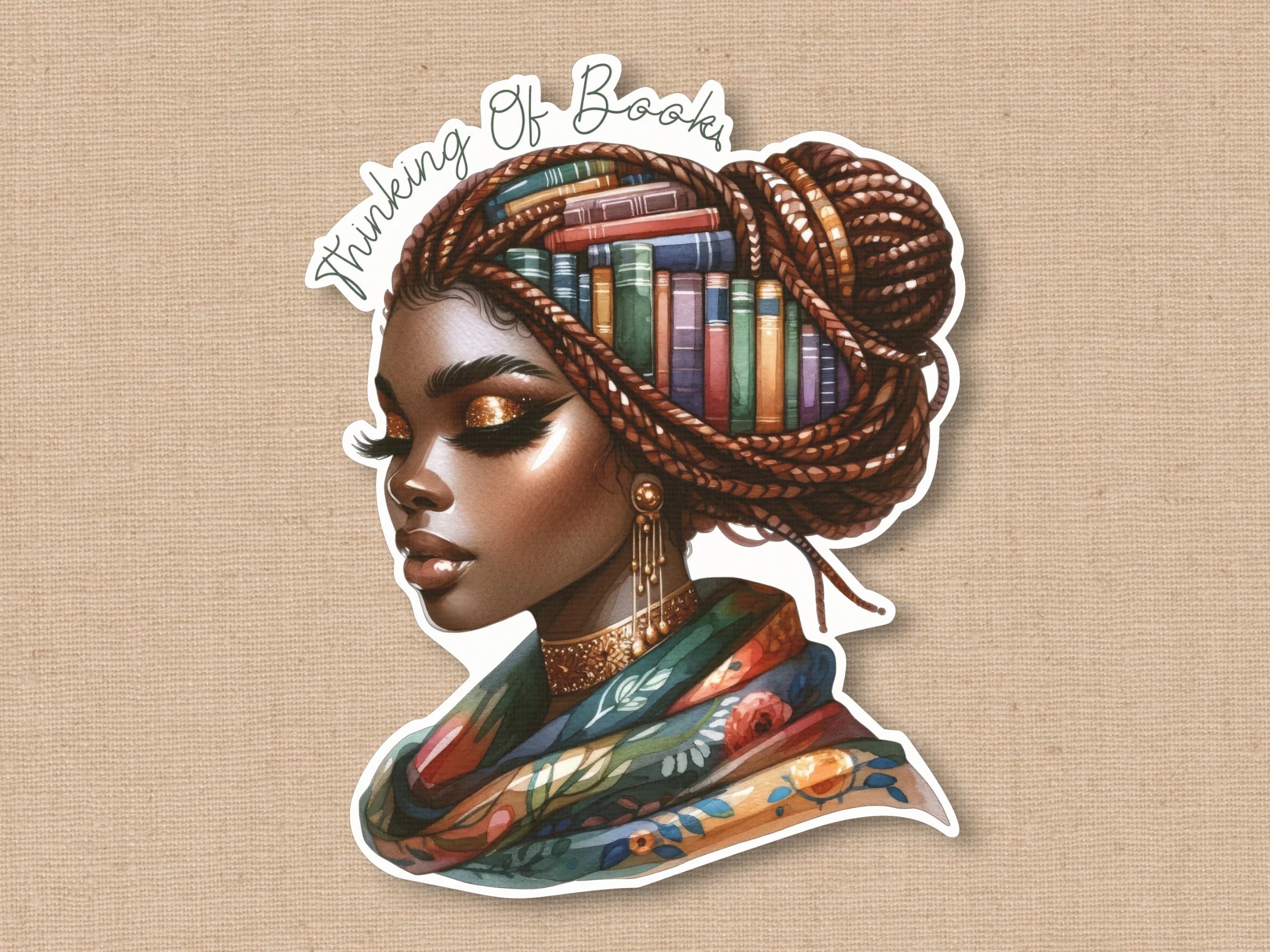 Thinking of Books Sticker, Black Woman Who Loves to Read, Black Girl Stationery, African American Book Lover, Bookworm, Kindle Sticker, Afro - image 5