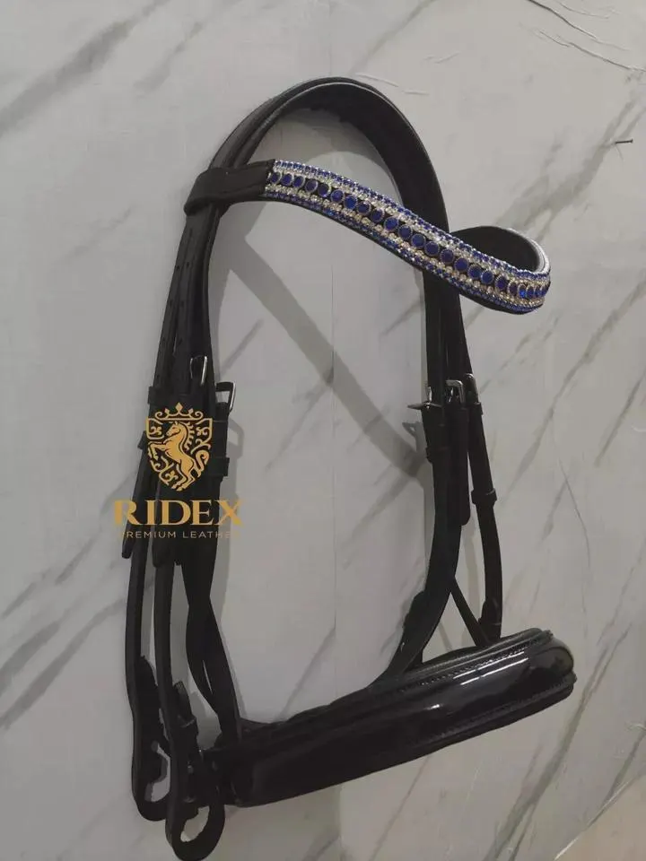 5 Row Blue/White Leather Crystal Browband Weymouth Horse Bridle Of All Sizes For Horse. - image 3