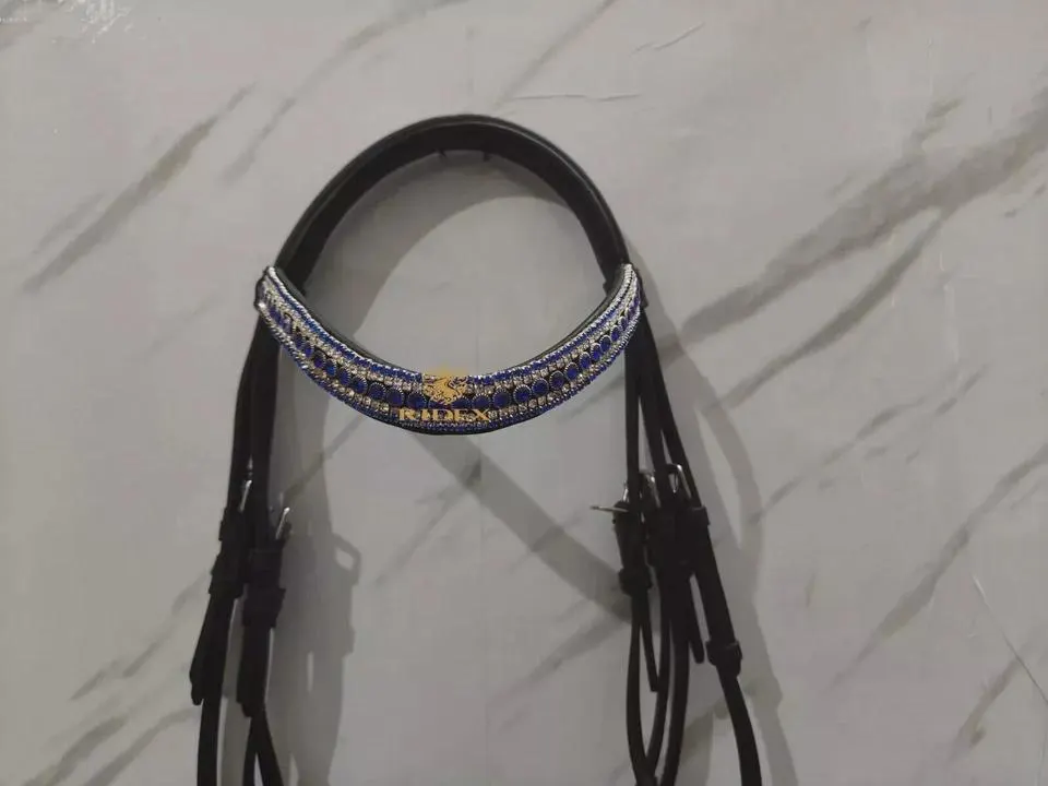 5 Row Blue/White Leather Crystal Browband Weymouth Horse Bridle Of All Sizes For Horse. - image 5