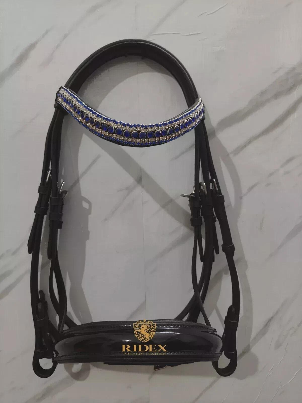 5 Row Blue/White Leather Crystal Browband Weymouth Horse Bridle Of All Sizes For Horse.