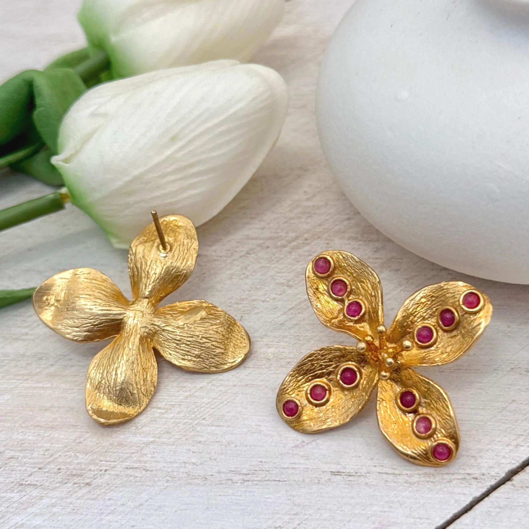 Garnet Four Petal Flower Earrings – 18k Gold Plated Brass - image 4