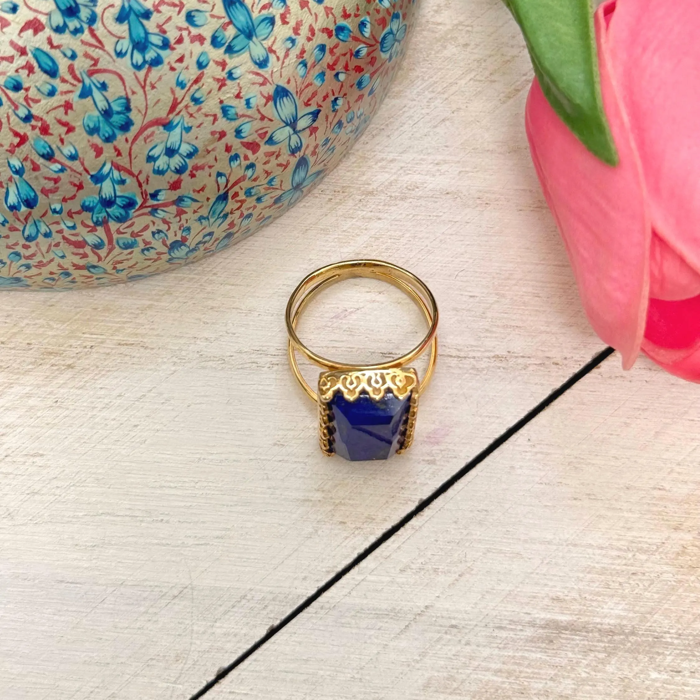 Vintage Style Lapis Lazuli Cocktail Ring | Genuine Gemstone | 22k Gold Vermeil | Size 8 - image 4