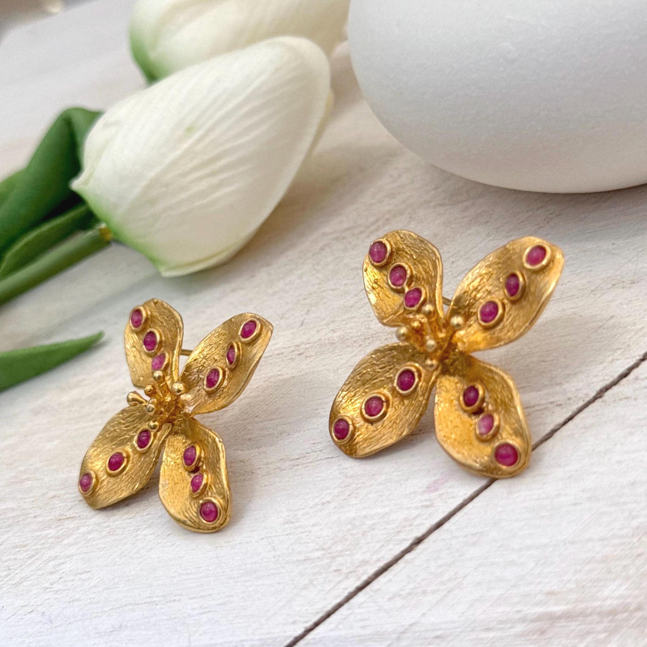 Garnet Four Petal Flower Earrings – 18k Gold Plated Brass - image 3
