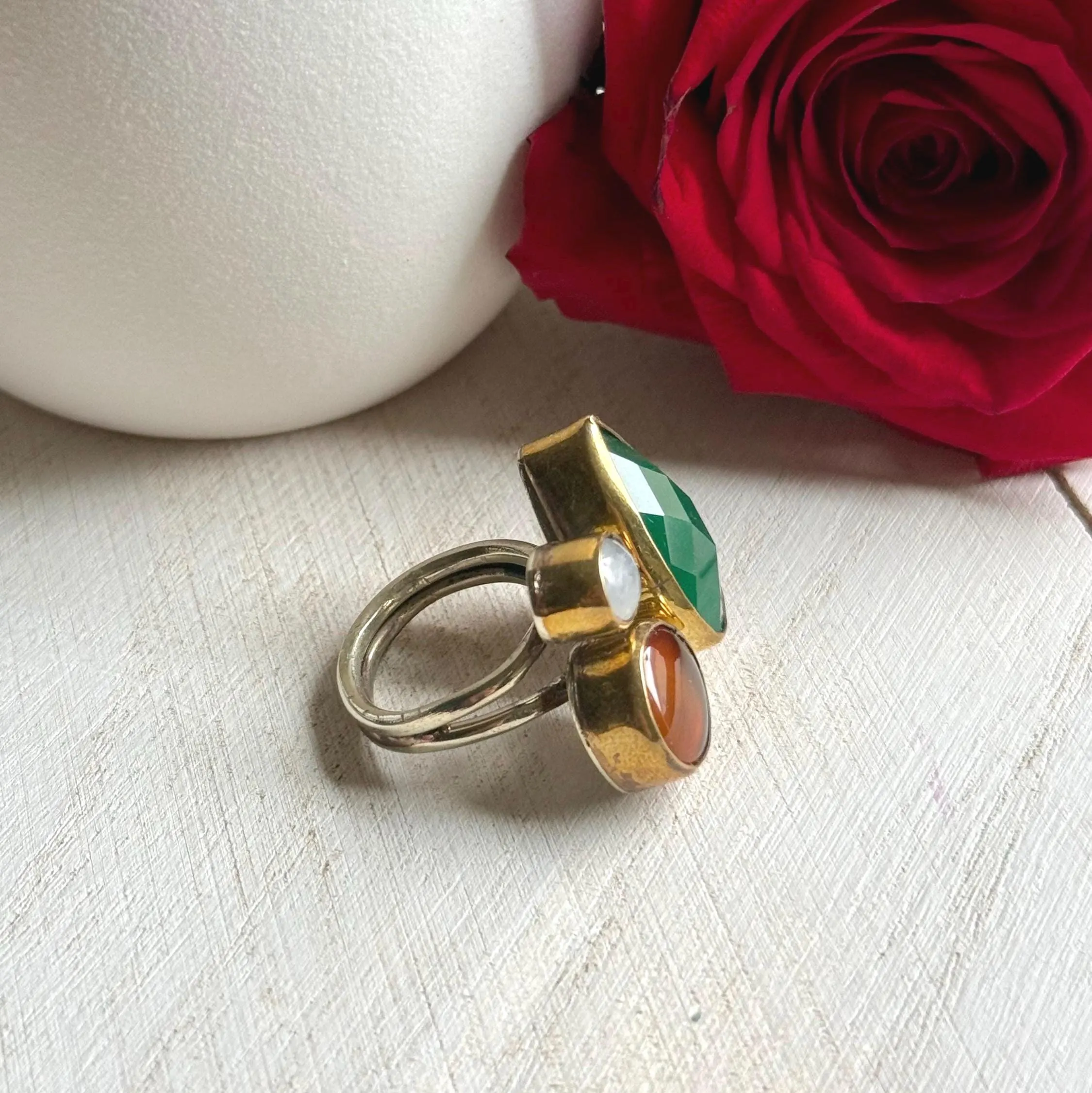 Handmade Tristone Ring - Agate - Moonstone - Gold Plated Sterling Silver Ring - image 3