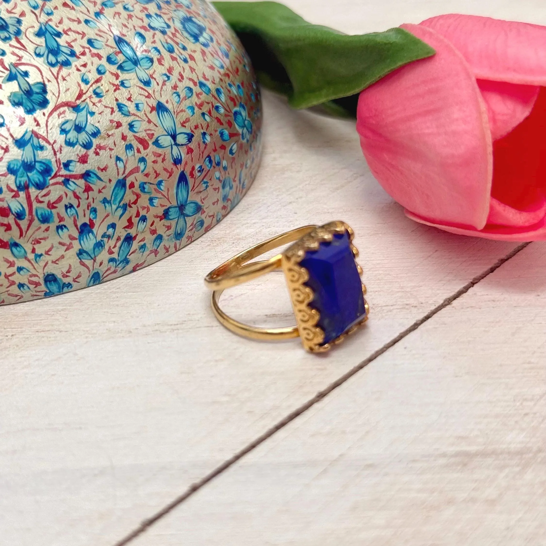Vintage Style Lapis Lazuli Cocktail Ring | Genuine Gemstone | 22k Gold Vermeil | Size 8 - image 2