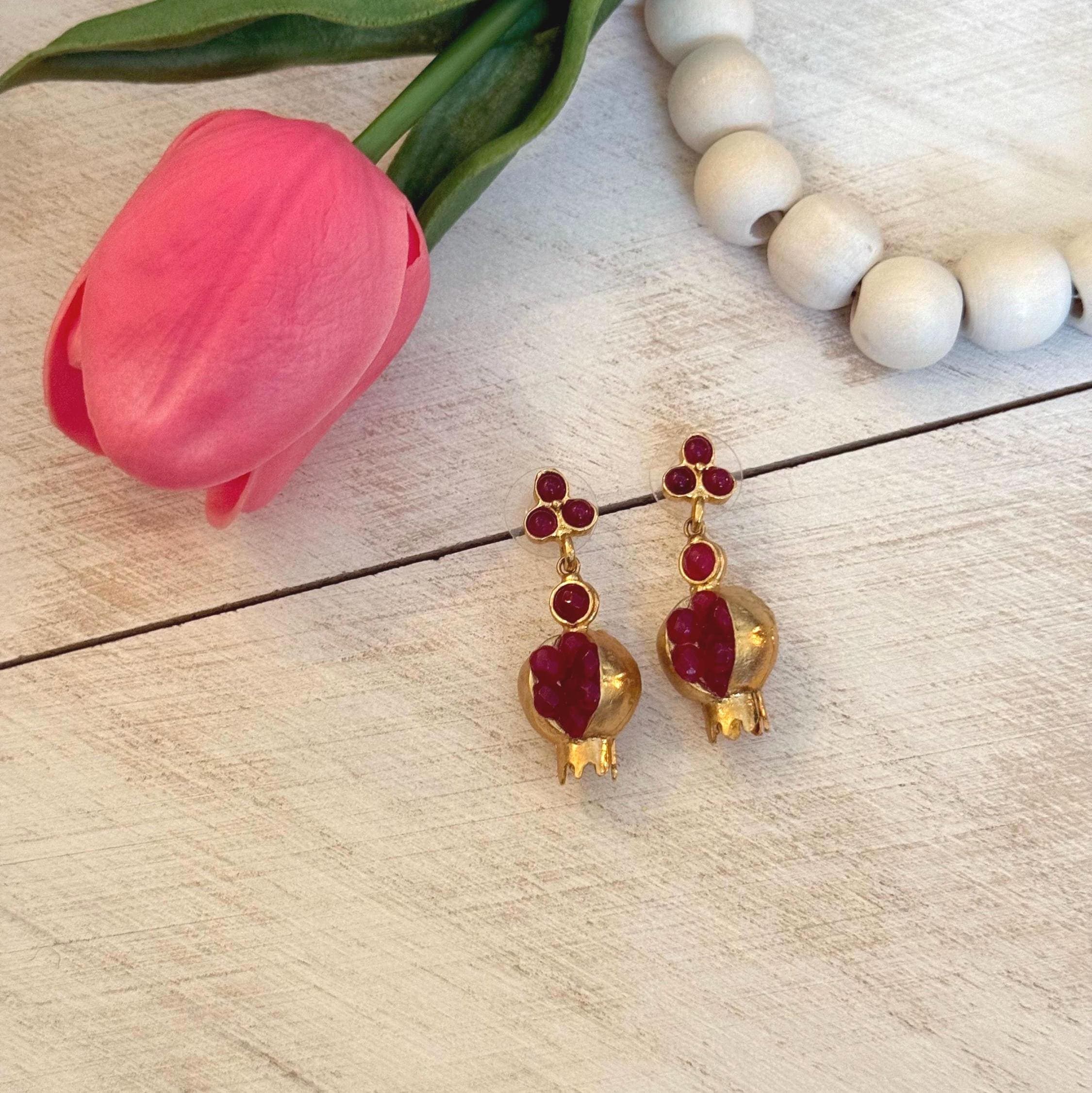 Handmade Red Garnet Pomegranate Earrings - image 5