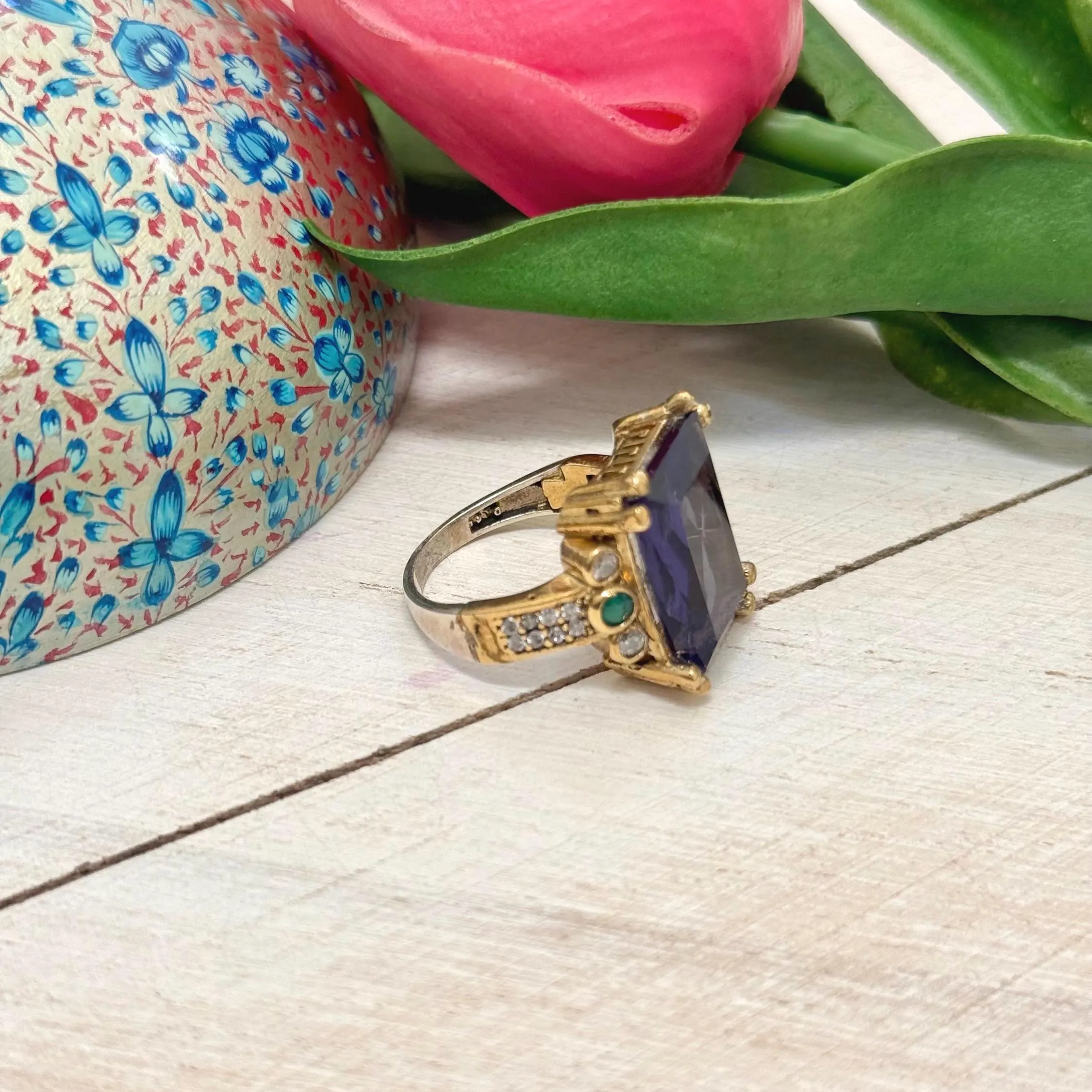 Ottoman Inspired Amethyst and Zircon Ring | 925 Sterling Silver & Brass - image 4