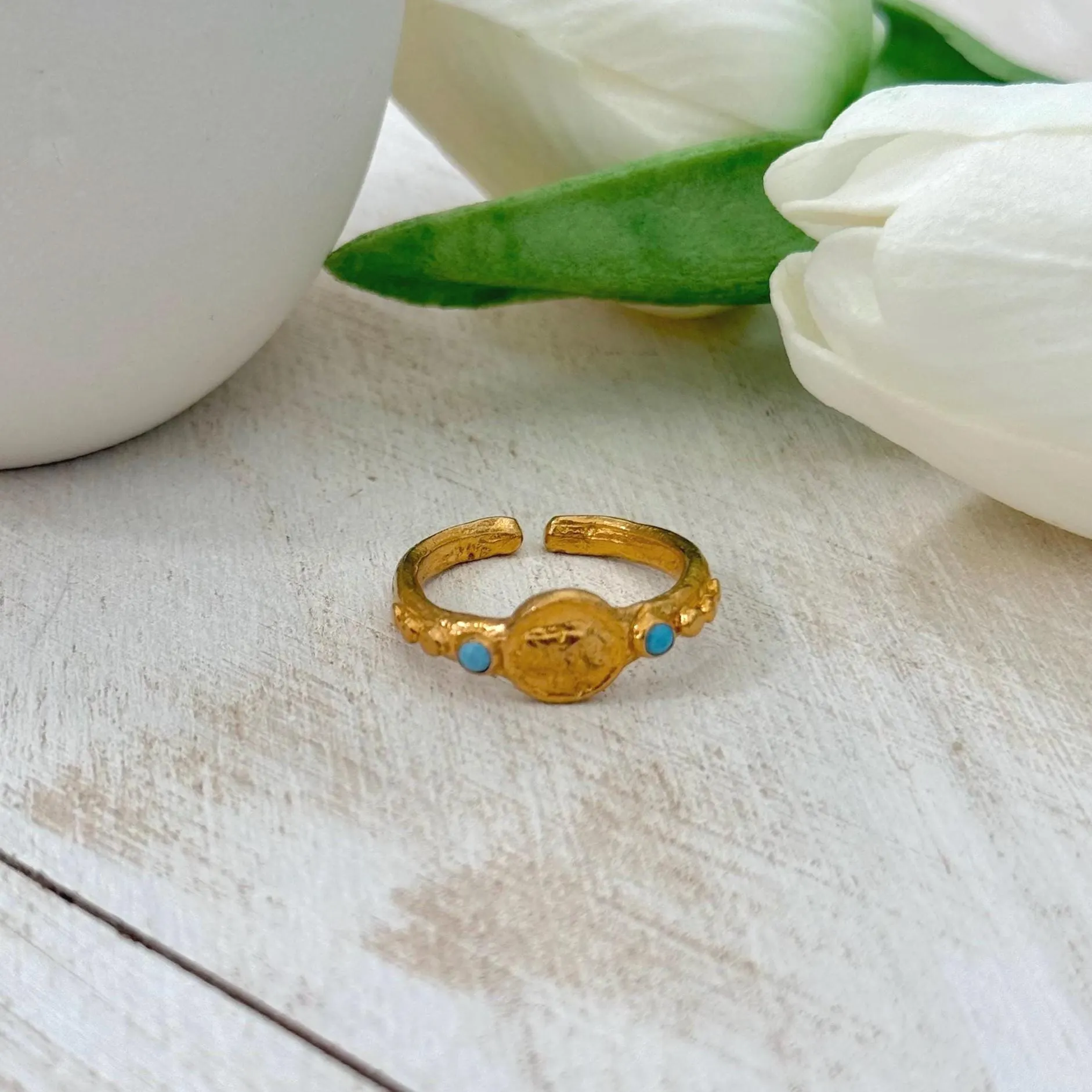 Ancient Coin Ring | 22K Gold Plated Brass Ring with Zircon Accents | Byzantine Roman Style - image 3