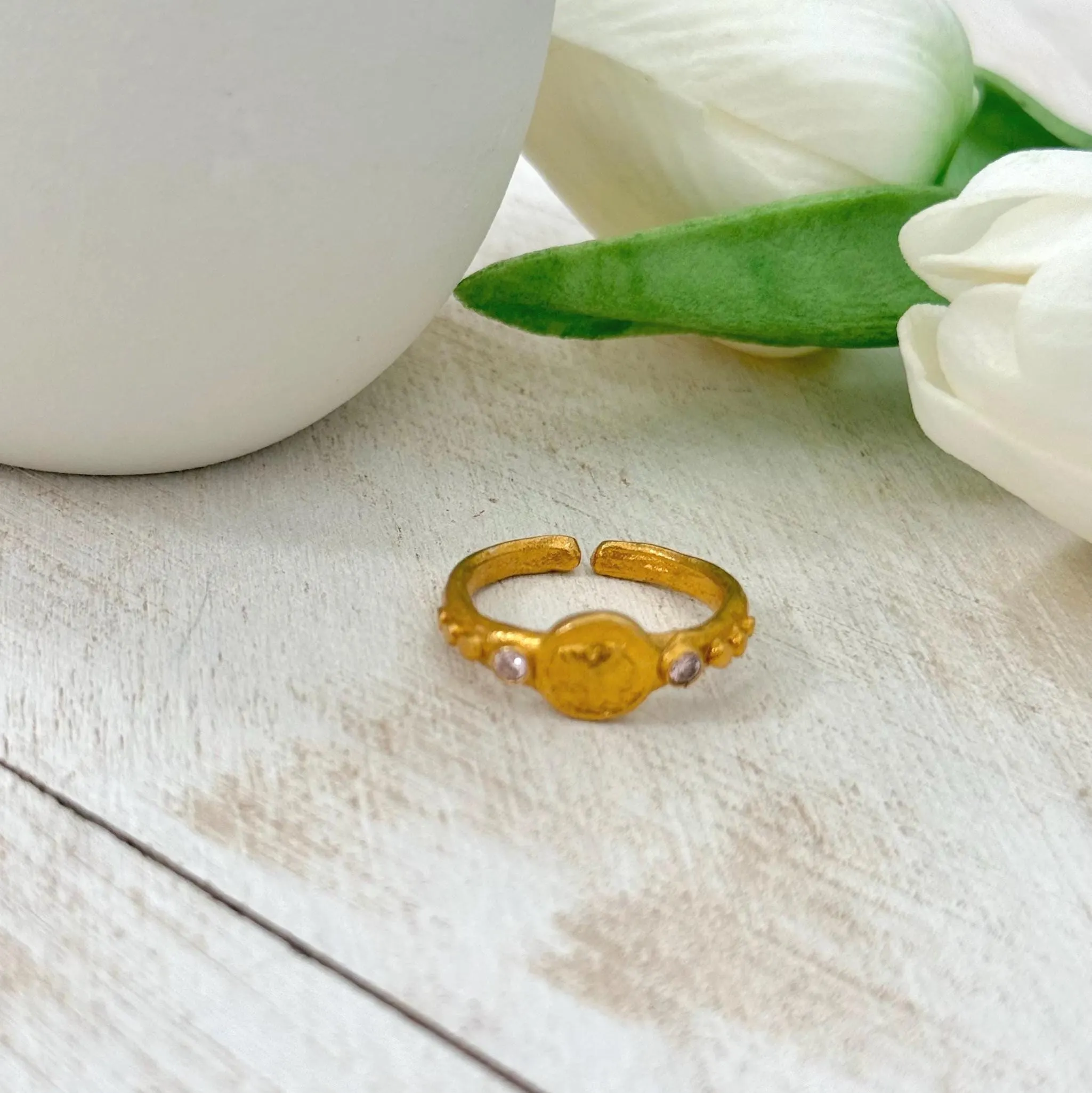Ancient Coin Ring | 22K Gold Plated Brass Ring with Zircon Accents | Byzantine Roman Style - image 5