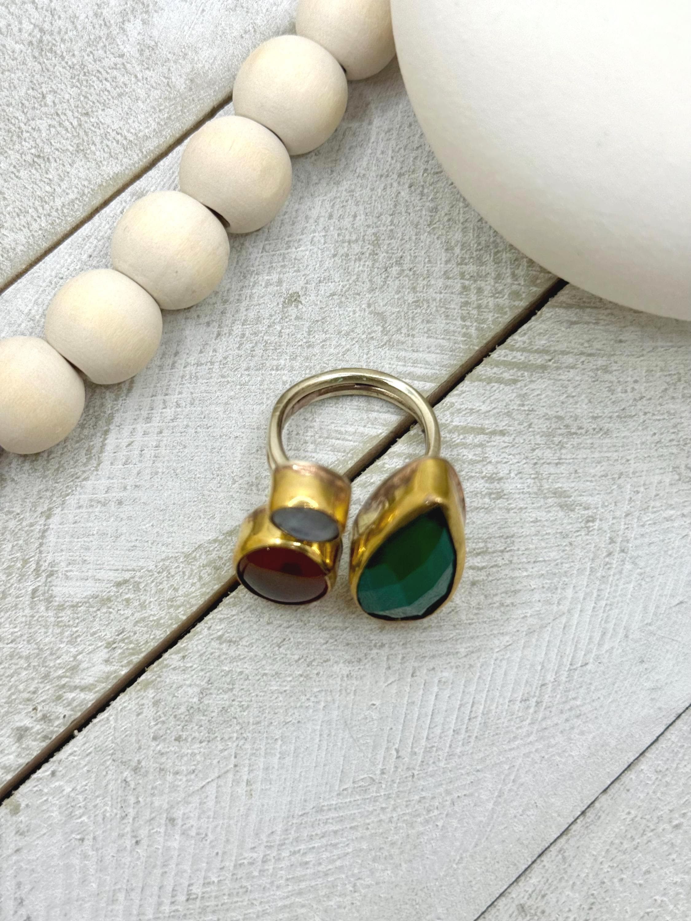 Handmade Tristone Ring - Agate - Moonstone - Gold Plated Sterling Silver Ring - image 4